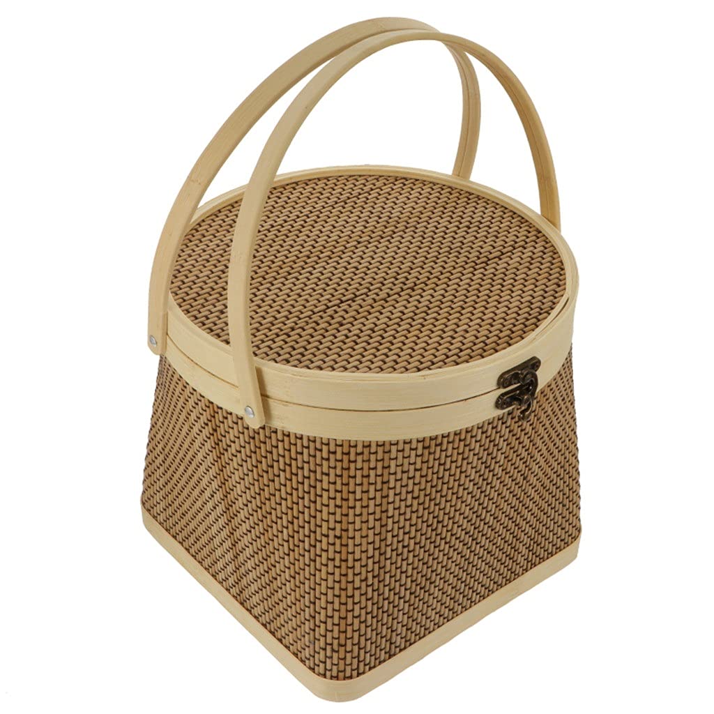BTYAY Bamboo Picnic Basket with Lid & Handle - Large Insulated Food Storage Container for Camping, Beach, Outdoor Picnics, Grocery Shopping, and Farmers Market Trips - Eco-Friendly Reusable Lunch Box & Fruit Basket