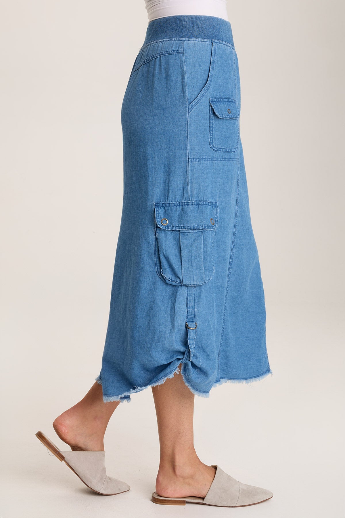 Chesney Mock Denim Cargo Midi Skirt for Women - Vintage Style Stretch Denim Skirt with Pockets | Perfect for Casual Outfits, Streetwear & Boho Fashion