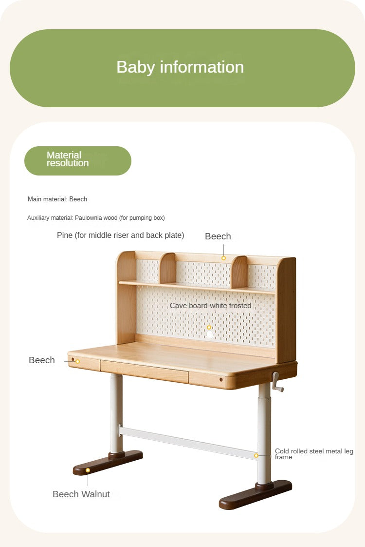 Beech Solid Wood Adjustable Height Kids Study Desk with Hand Crank Lift - Perfect for Homeschooling, Online Learning & Children's Homework Station