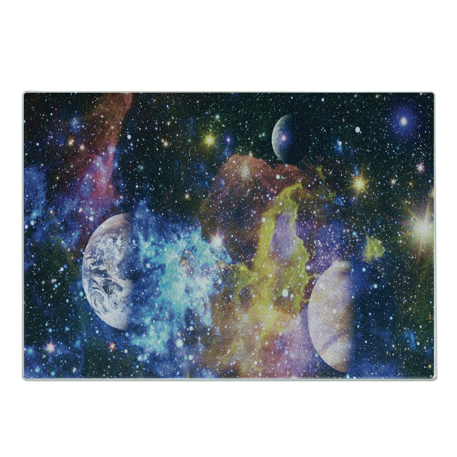 Ambesonne Space Themed Tempered Glass Cutting Board - Futuristic Abstract Stars & Planets Design - Decorative Serving Board for Kitchen & Dining - Small Size, Multicolor - Perfect for Entertaining & Gifts