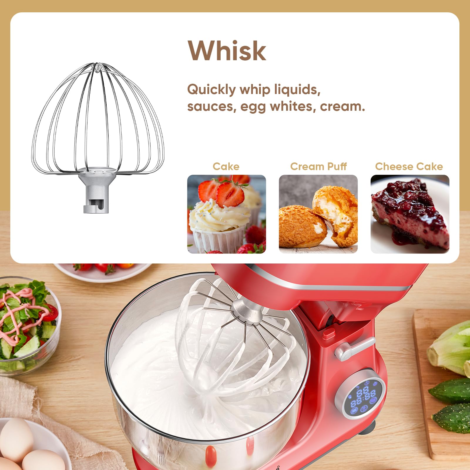 BioloMix 1200W Stand Mixer with 11-Speed Tilt Head & Digital OLED Screen - Includes Dough Hook, Flat Beater, Whisk (Red) - Perfect for Baking Cakes, Cookies, Bread & More in Your Kitchen