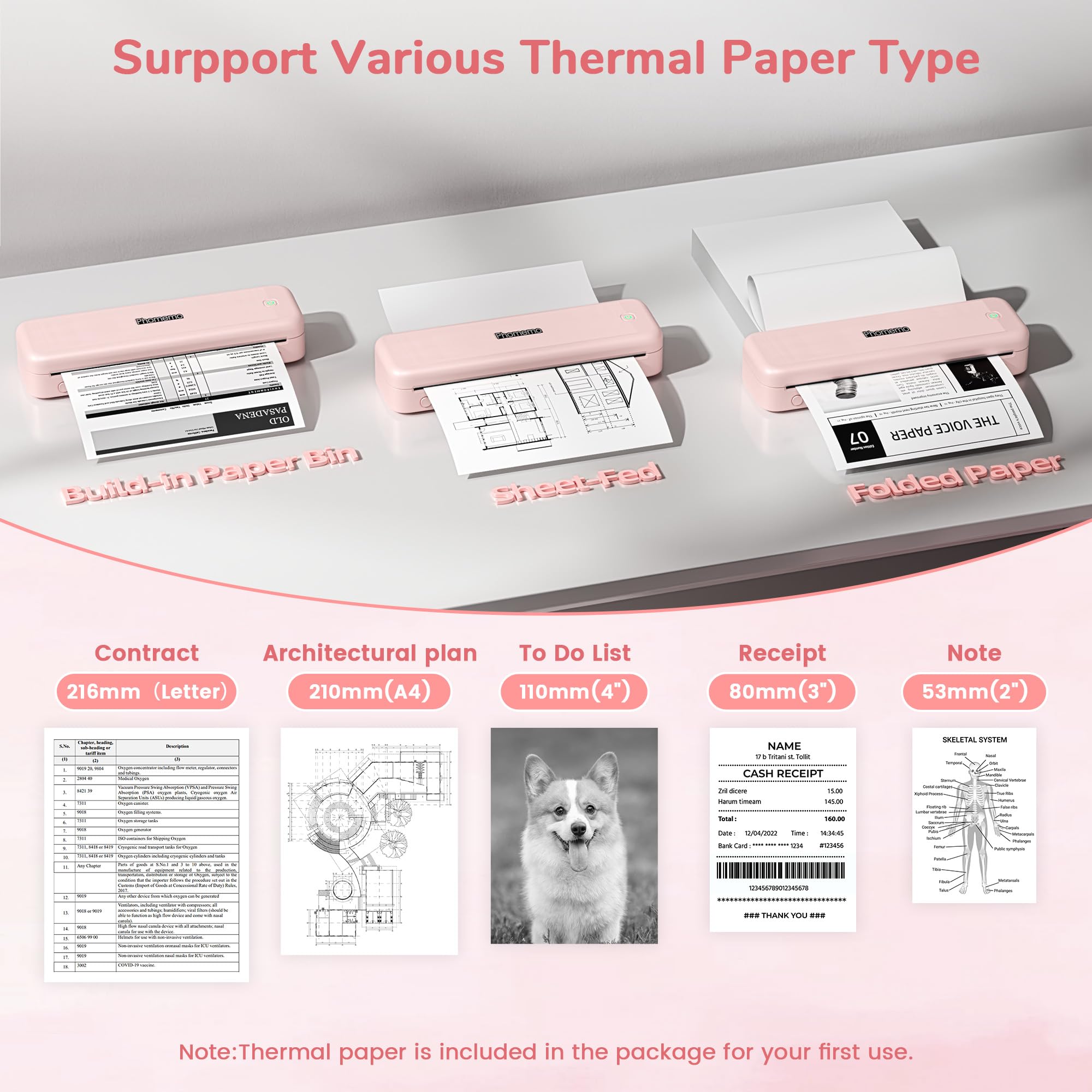 Phomemo M834 Bluetooth Thermal Printer - Wireless Portable Inkless Printer for Travel, Office & Home, 8.5x11 & A4 Size, Pink (with Carry Case) | Perfect for Printing Receipts, Labels, Photos & Documents On-The-Go