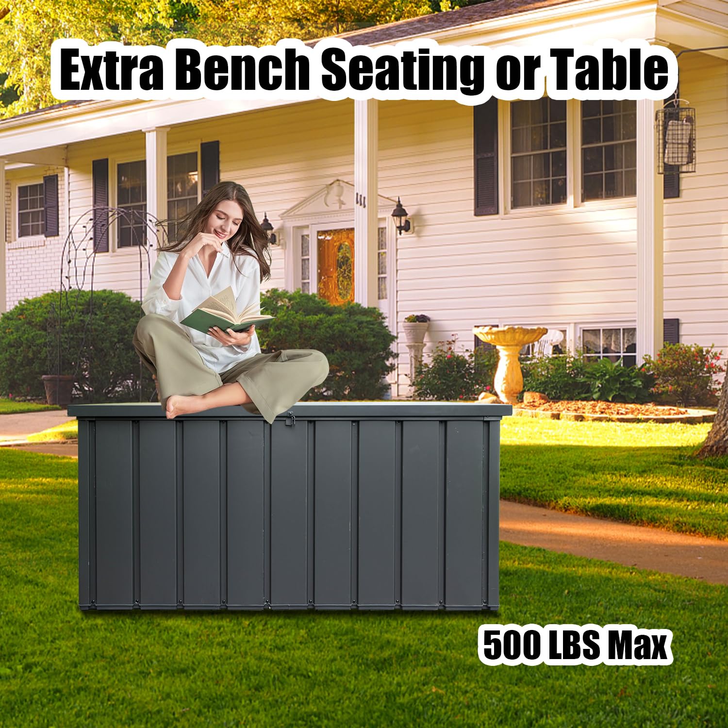 Domi 100 Gallon Waterproof Outdoor Deck Box - Lockable Steel Storage Container for Patio Cushions, Garden Tools & Pool Equipment - Weatherproof Gray Deck Storage Box for Backyard, Porch & Poolside Organization