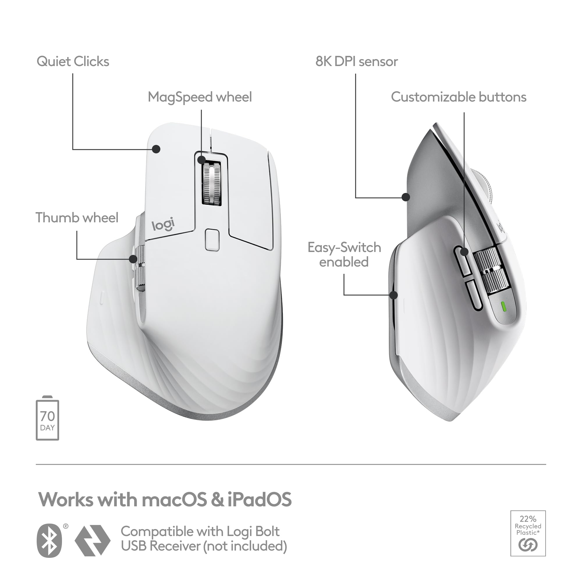 Logitech MX Master 3S Wireless Bluetooth Mouse for Mac - Ultra-Fast Scrolling, Ergonomic Design, 8000 DPI, Silent Clicks, Glass Tracking, USB-C Charging - Compatible with Apple MacBook, iPad - Pale Grey - Perfect for Office Work, Graphic Design & Video Editing