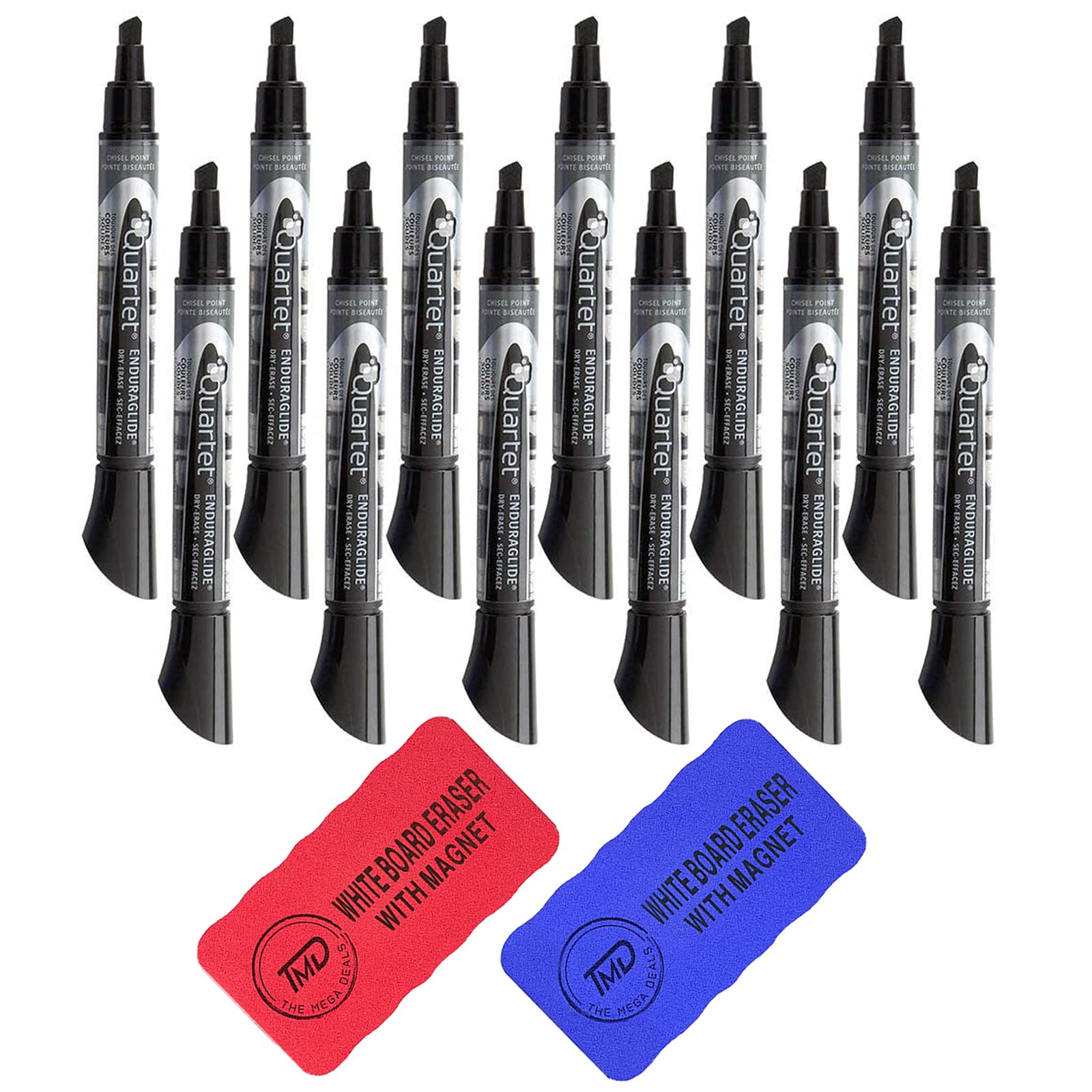 Premium Dry Erase Markers 12-Pack with 2 Magnetic Whiteboard Erasers - Fine Tip Black Whiteboard Markers for Office, Classroom & Home Use - Ideal for Presentations, Teaching & Family Organization