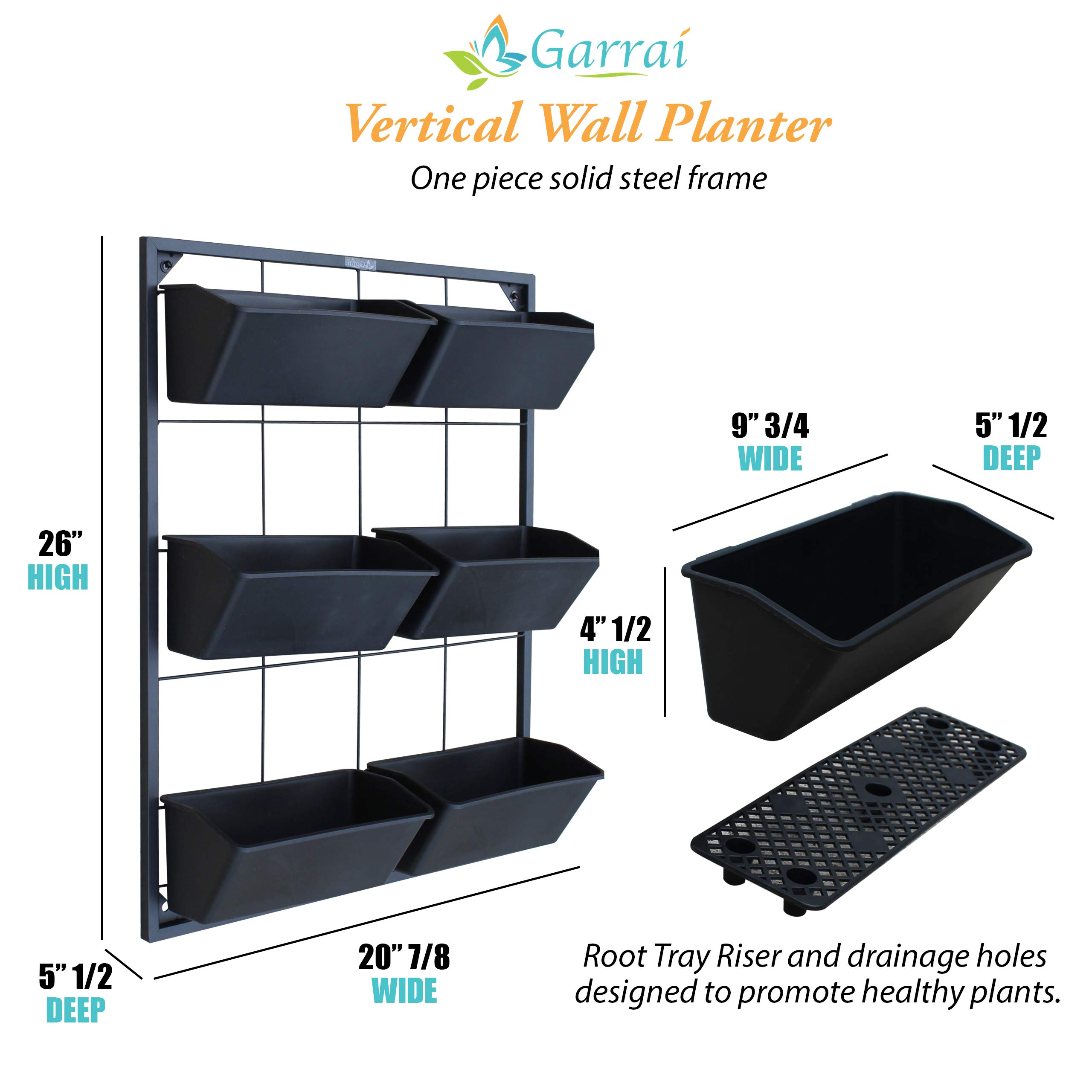 Vertical Garden Wall Planter with 6 Removable Pots - Indoor/Outdoor Hanging Planter System for Vegetables, Flowers & Herbs - Self Draining Metal Frame Wall Mounted Planter for Balcony, Patio & Small Space Gardening