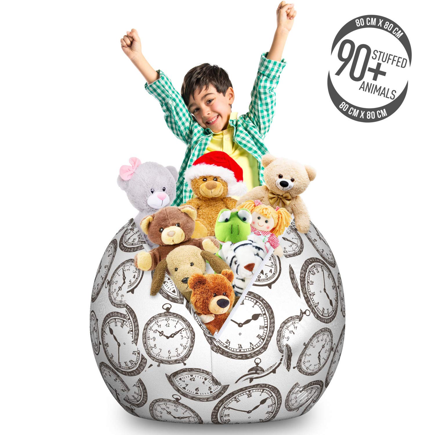 Lunarable Large Washable Clock Storage Toy Bag Chair - Antique Pocket Watches Sketch with Chronometer on Abstract Background - Stuffed Animal Organizer for Kids' Room, Nursery, or Playroom - Brown & White
