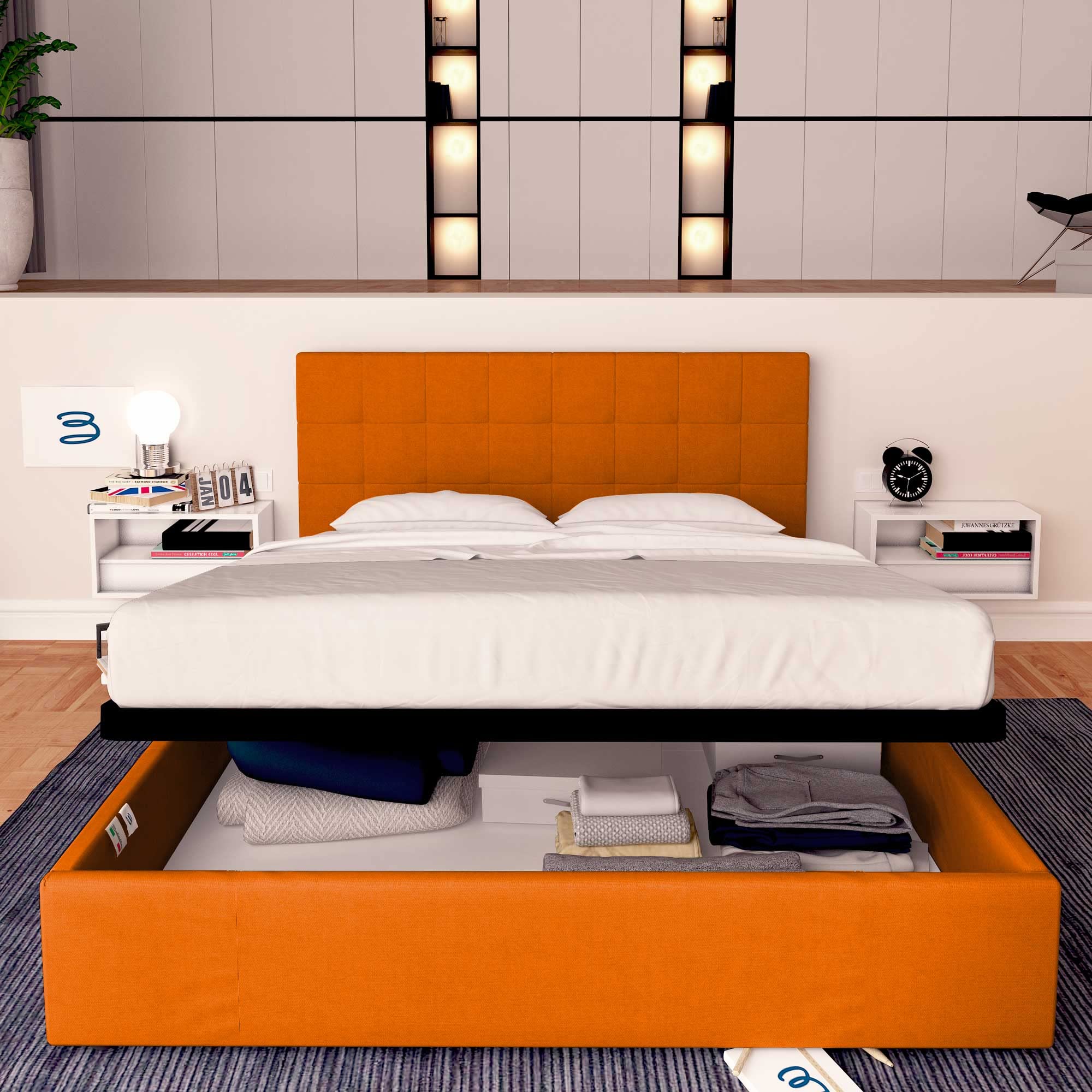 Baldiflex Single Bed with Storage - Dublin Model Synthetic Leather Upholstery, Slatted Base for Single Mattress, 120 x 200 cm, Elegant Headboard, Orange Color - Perfect for Small Bedrooms, Guest Rooms & Studio Apartments