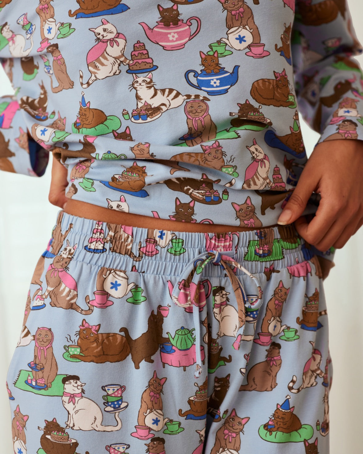 Organic Cotton Cat Tea Party Print Long Pajama Set for Women - Cute & Comfortable Sleepwear for Loungewear, Sleepovers & Cozy Nights at Home