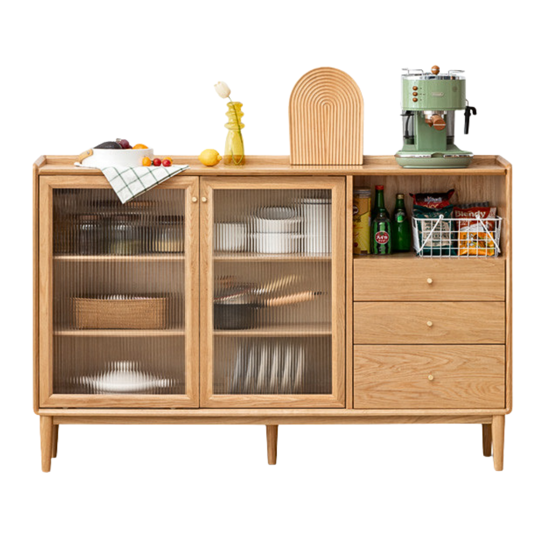 59.1x11.8x38.6 inch / 150x30x98сm / Natural wood color / Oak solid wood open door sideboard (depth 30cm)