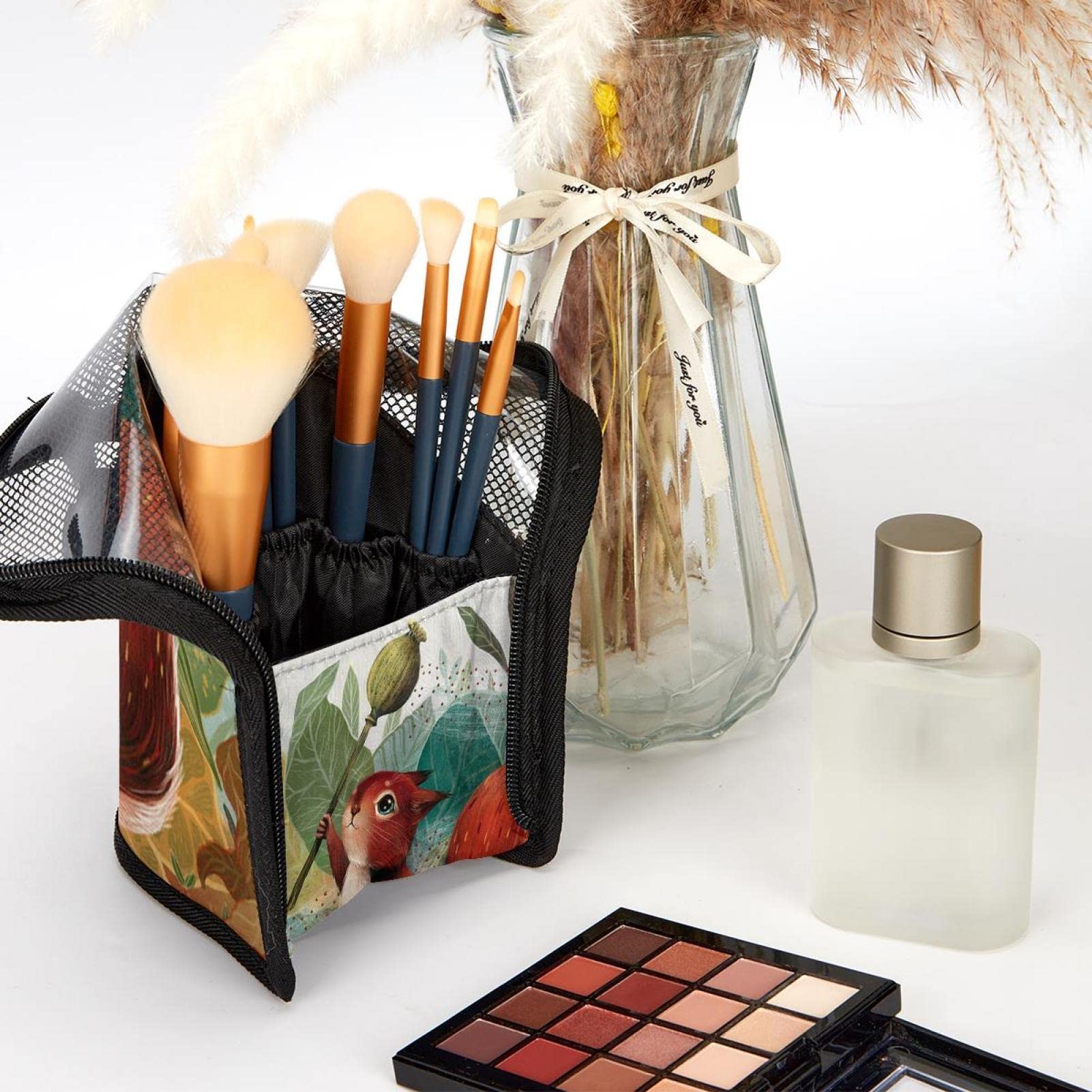 Premium 12-Piece Makeup Brush Organizer Bag with Animal Jungle Leaf Design - Portable Makeup Brush Holder Case for Travel & Professional Makeup Artists