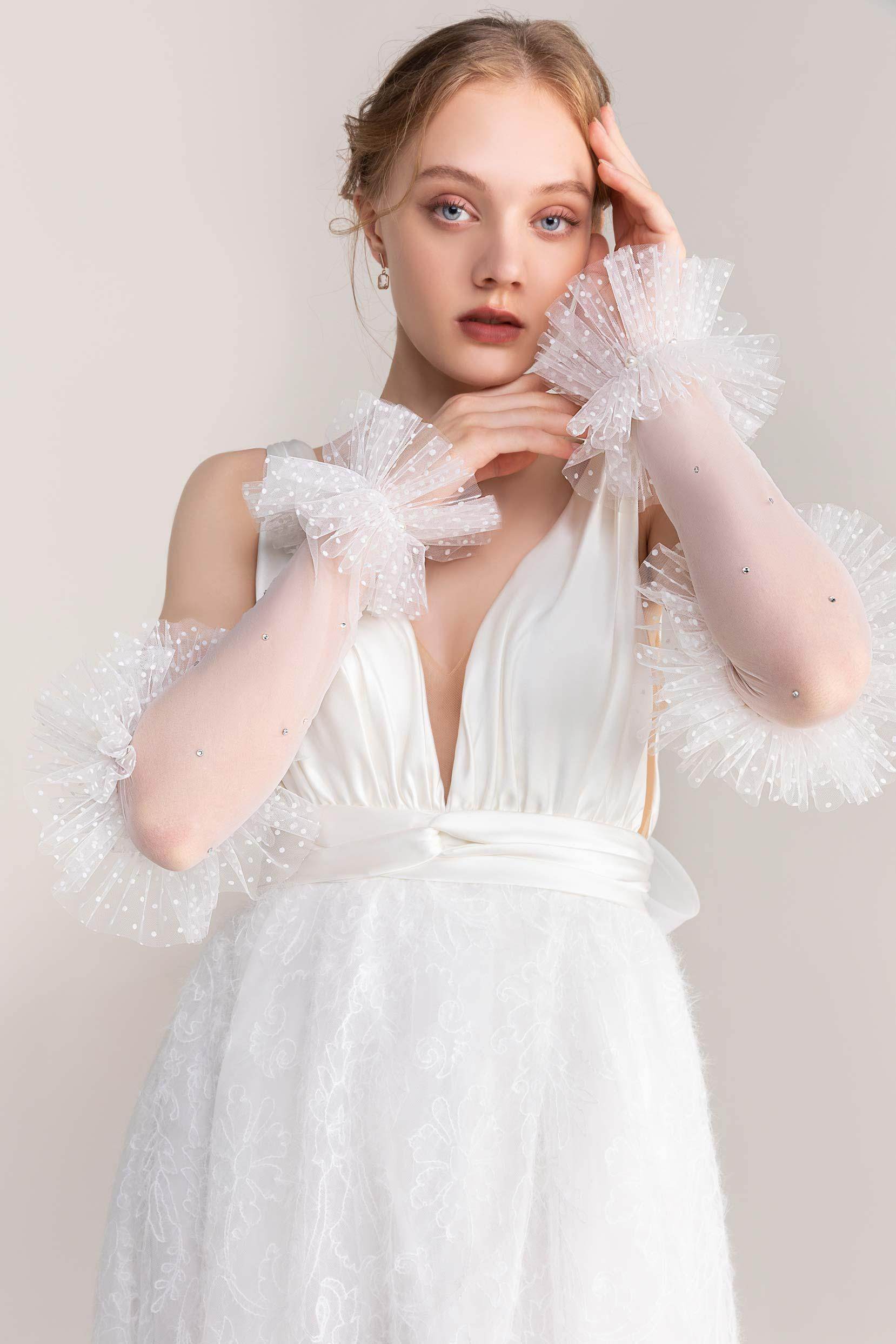 Elegant Fingerless Tulle Wedding Gloves with Beading - CD0065 | Bridal Accessories for Opera, Ballroom & Vintage Theme Weddings