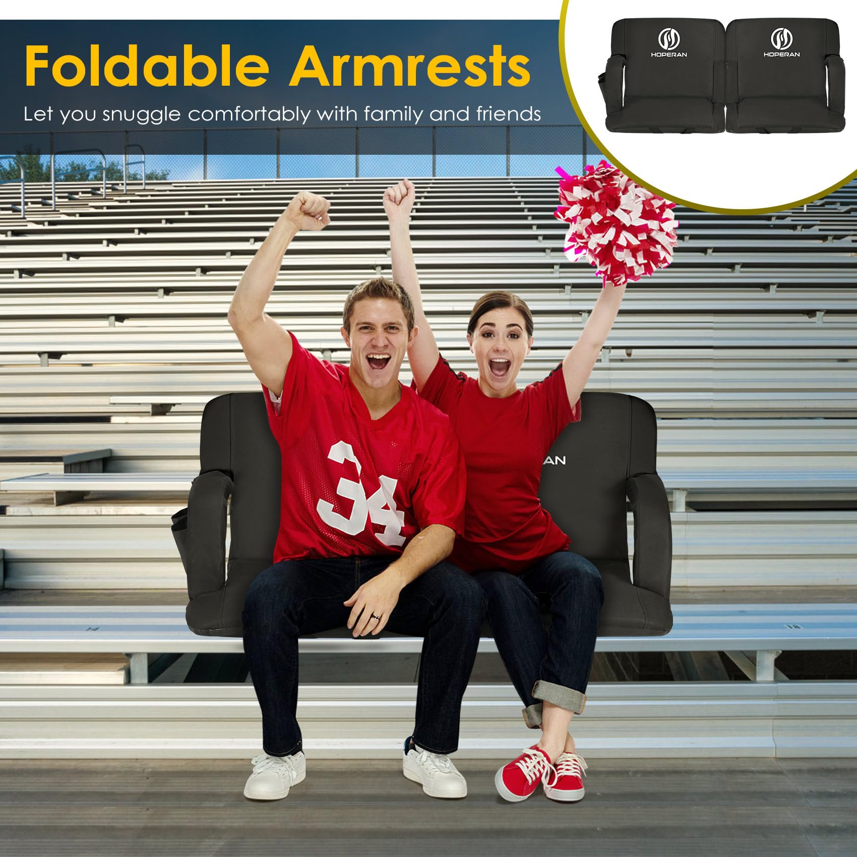 HOPERAN Portable Stadium Seat with Back Support & Cushion - 600D Waterproof Extra Wide Bleacher Chair for Outdoor Sports, Concerts, Camping & Picnics