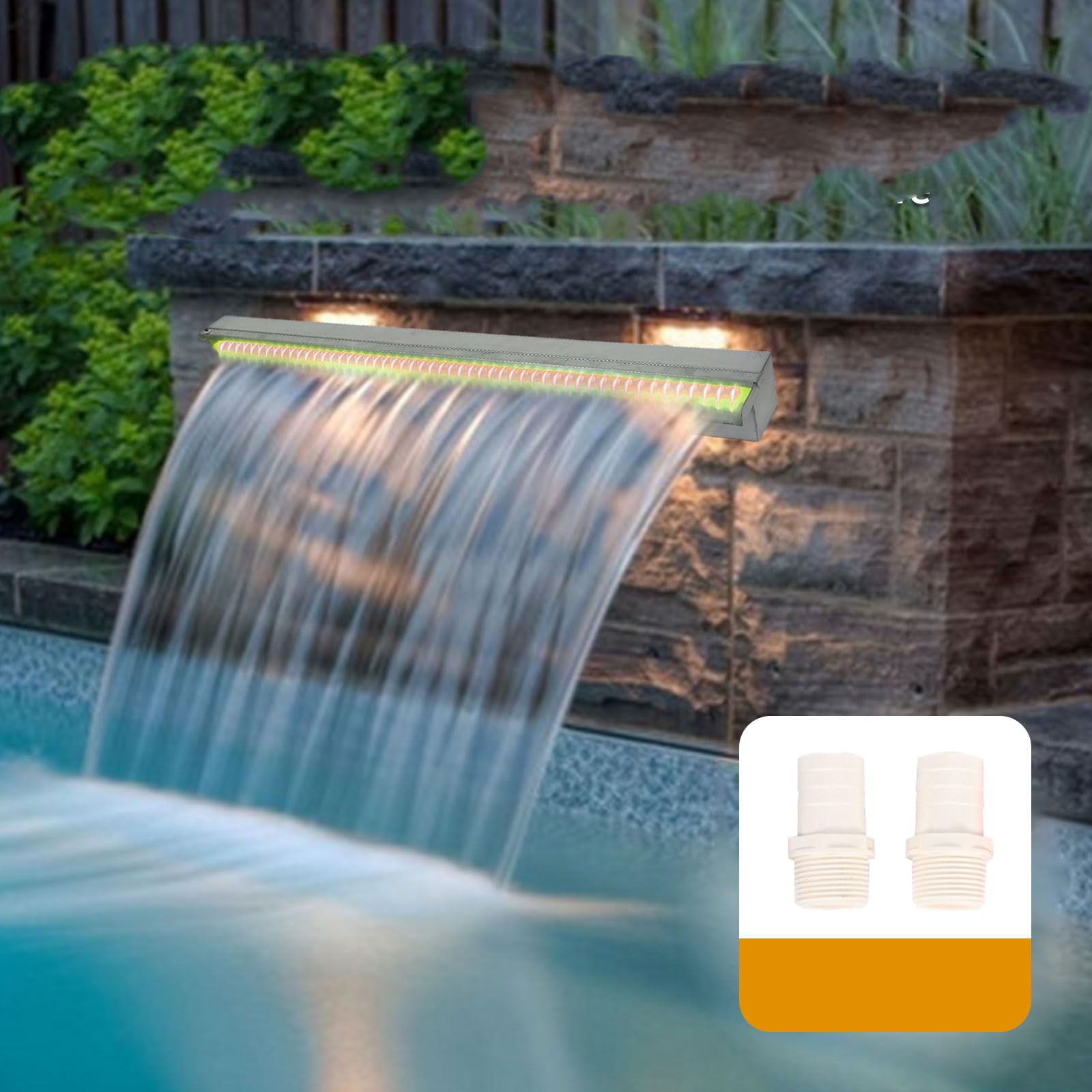 GARVEE 36x4.7x3.2 Inch Stainless Steel Pool Waterfall with LED Lights | Outdoor Water Fountain & Rectangular Spillway for Pools, Gardens | Premium Remote Control LED Water Feature for Backyard, Patio Decor