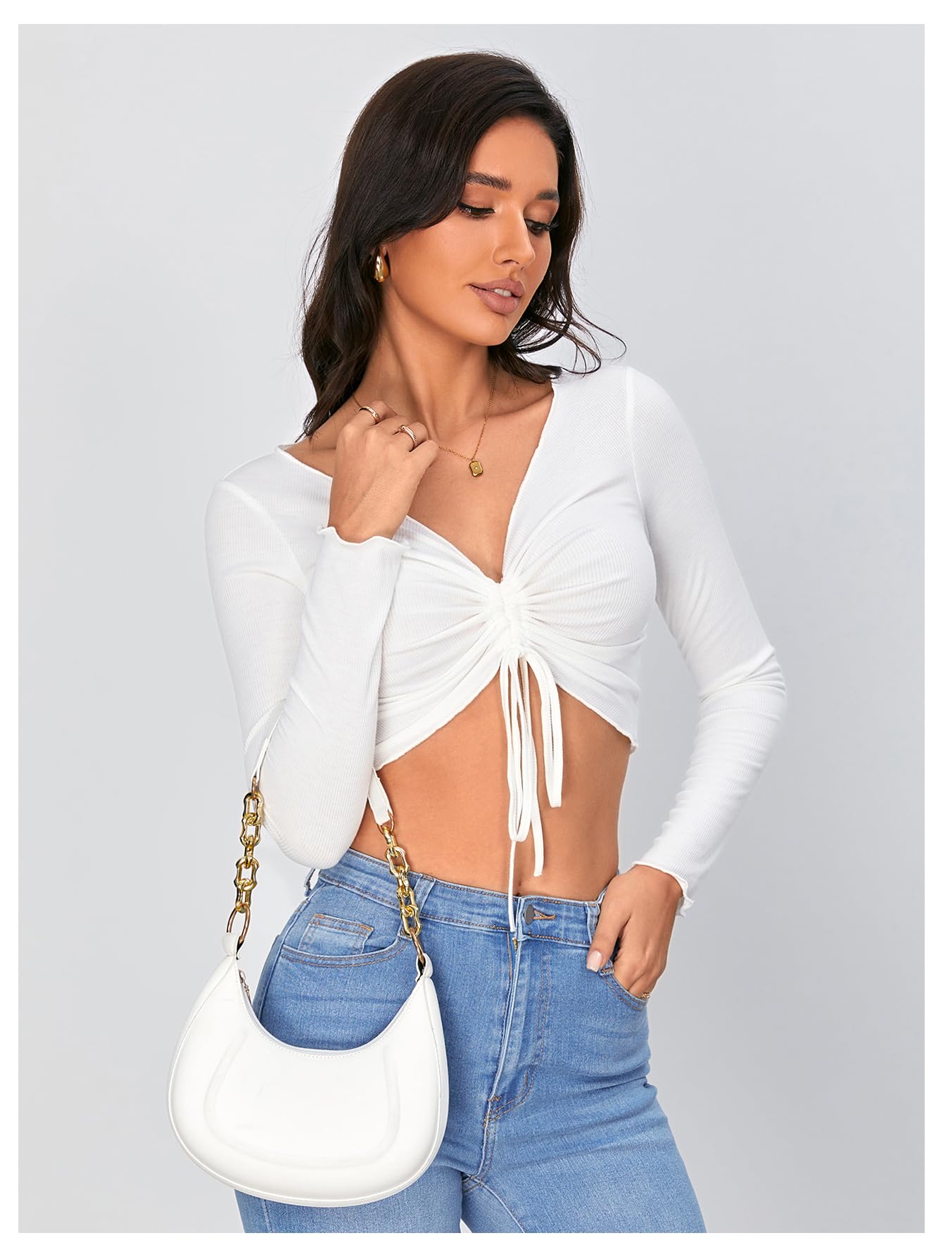 Floerns Women's Lettuce Trim Long Sleeve Ruched Crop Top - Drawstring Detail T-Shirt for Casual Wear, Layering & Date Night Outfits