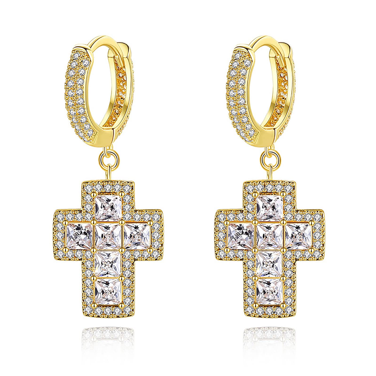 18K Gold Plated Cross Earrings for Women & Men - Iced Out Cubic Zirconia Dangle Drop Earrings with Diamond Accents | Dainty Hoop Hanging Cross Jewelry | Perfect Gift for Christmas, Birthday & Anniversary | Party, Church & Everyday Wear