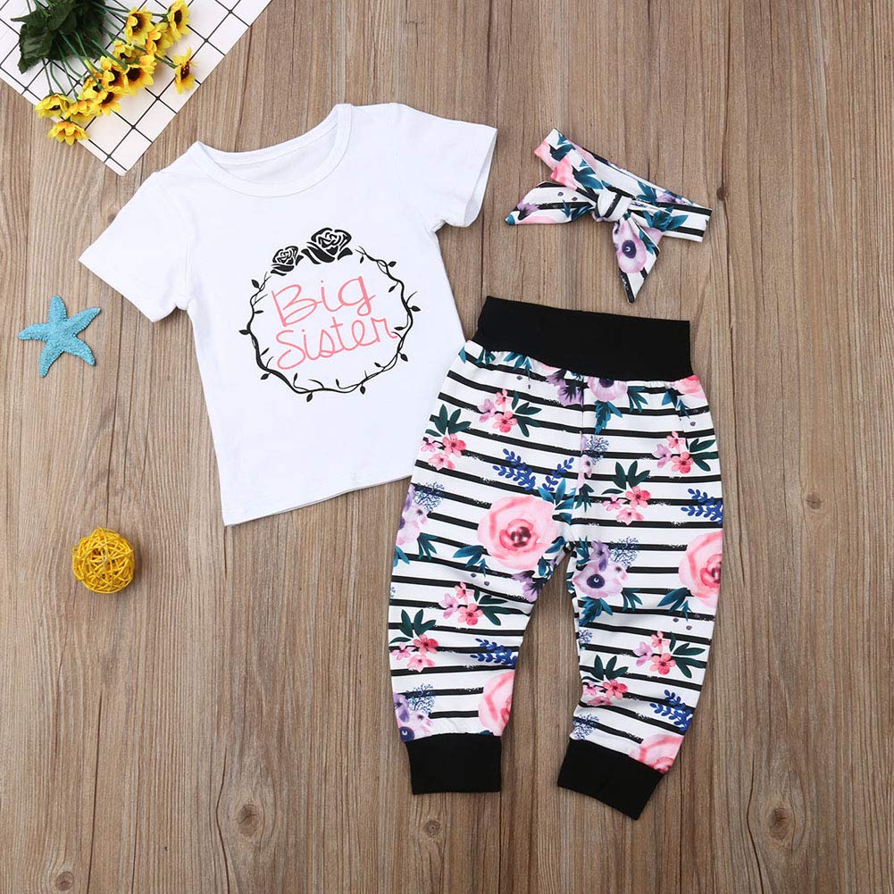 **Newborn Baby Girl Outfits Set - Little Sister Big Sister Bodysuit Romper + Floral Striped Pants + Headbands - Cute Matching Clothes for Newborn Toddler Girls - Perfect for Family Photos, Birthday Parties & Special Occasions**
