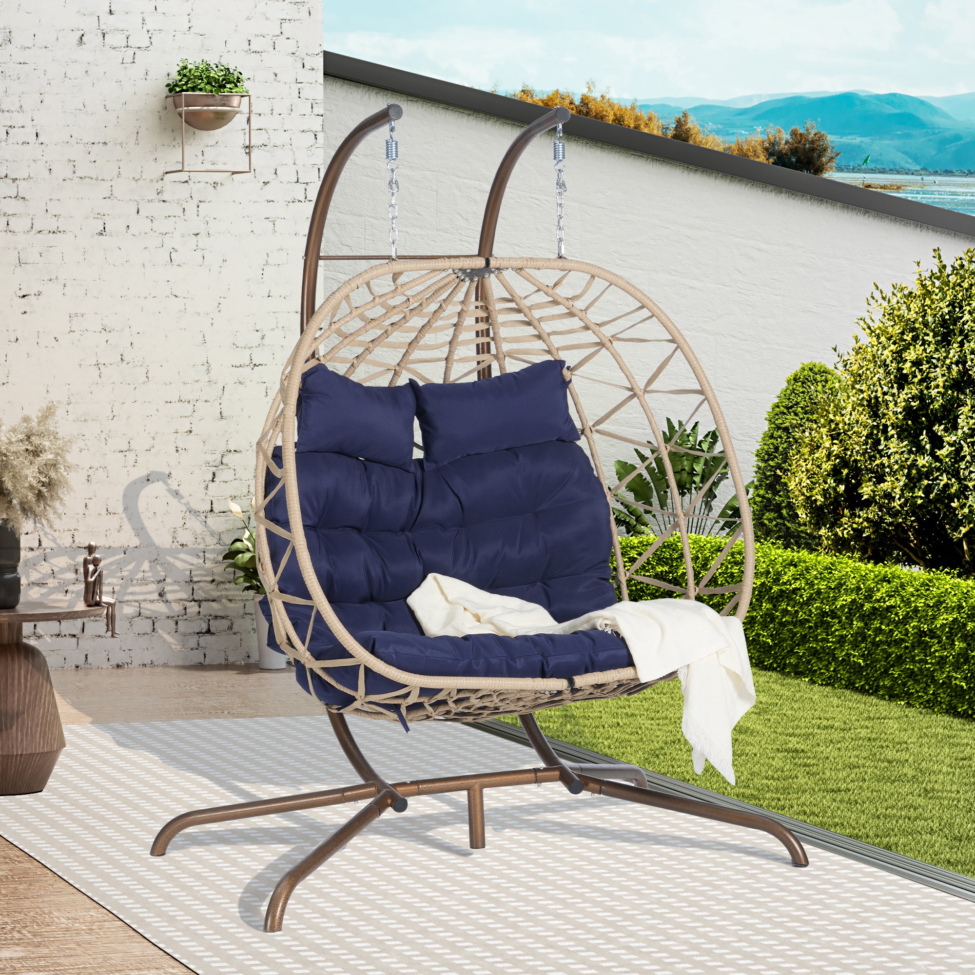 Double Egg Chair with Stand - Indoor/Outdoor Wicker Rattan Hanging Swing Chair with UV-Resistant Cushions (600 lbs Capacity) - Perfect for Bedroom, Balcony, Patio & Garden Relaxation