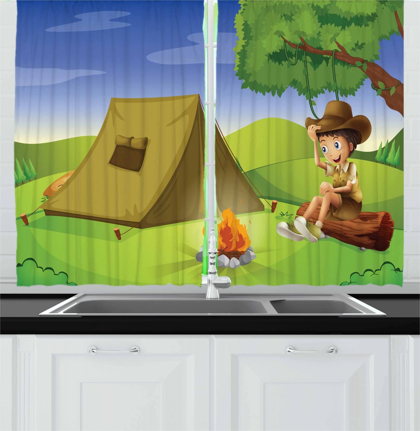 Ambesonne Colorful Long Kitchen Curtains - Camp Life Tent Joyful Panorama Illustration, 2 Panel Drapes with Rod Pocket, 55x45 Inches, Green Brown Blue - Perfect for Cabin, RV, or Country Style Home Decor