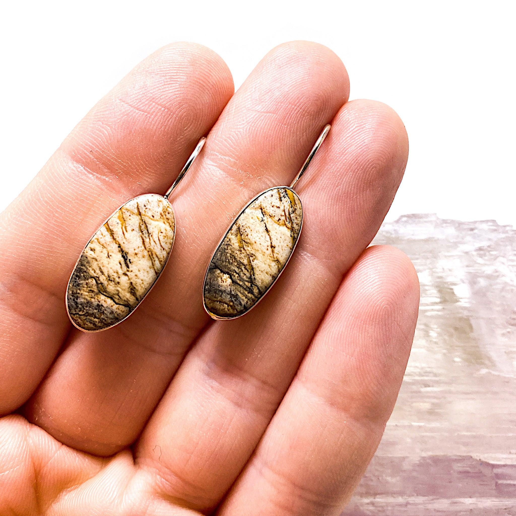 Natural Picture Jasper Oval Cabochon Earrings for Women - Handmade Gemstone Jewelry (KEGJ531) - Perfect for Boho Style, Gift Giving & Everyday Wear