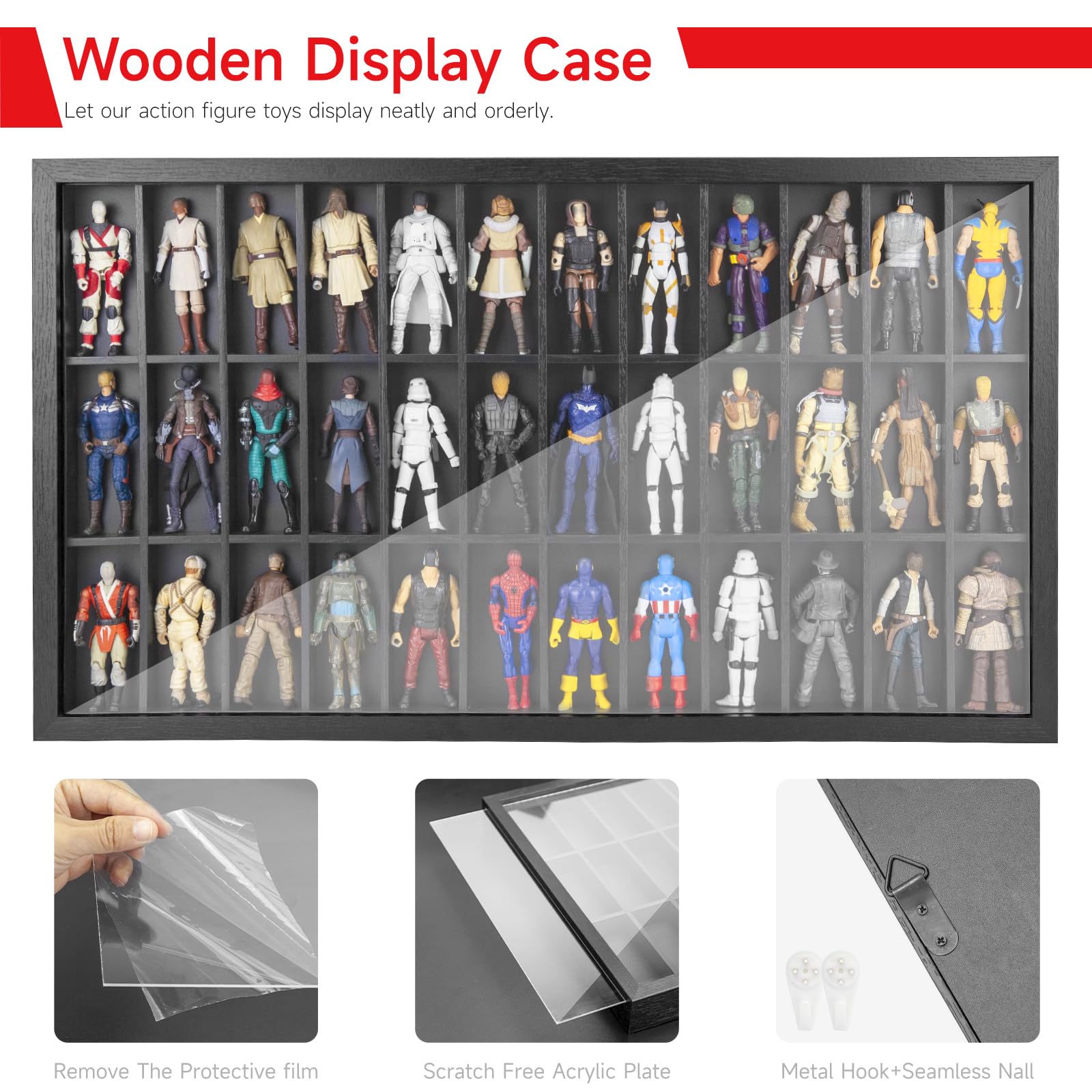 SixPoints 36-Compartment Wall Mounted Wooden Display Case - Organizer for 3.75