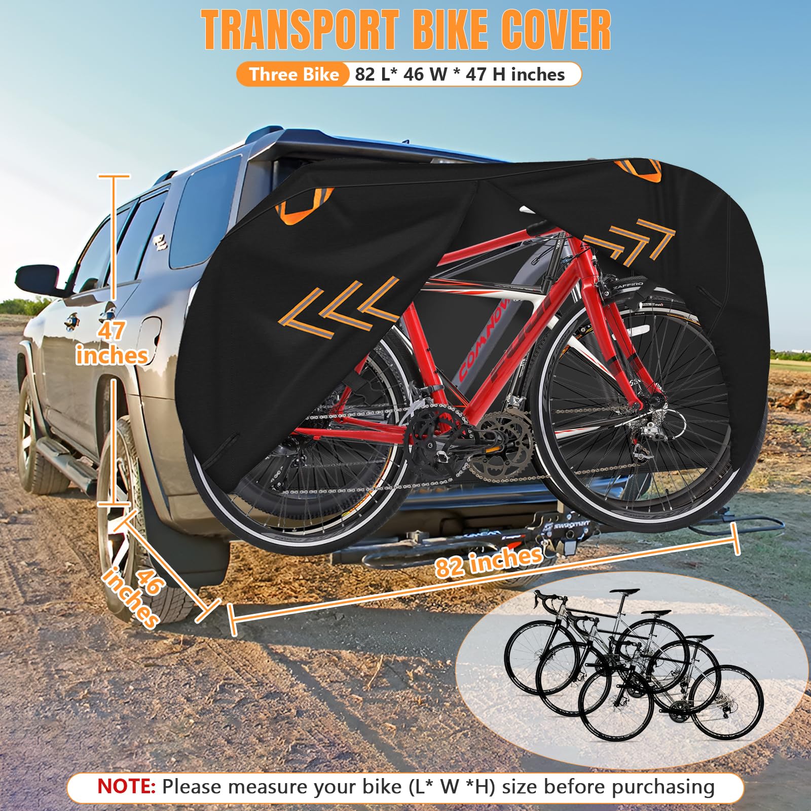 **Heavy Duty 600D Waterproof Bike Cover for 3 Bikes - Outdoor Bicycle Storage & Transport Cover with Reflective Handles & Windproof Buckles - Ideal for Rear Bike Rack Travel & Long-Term Storage**