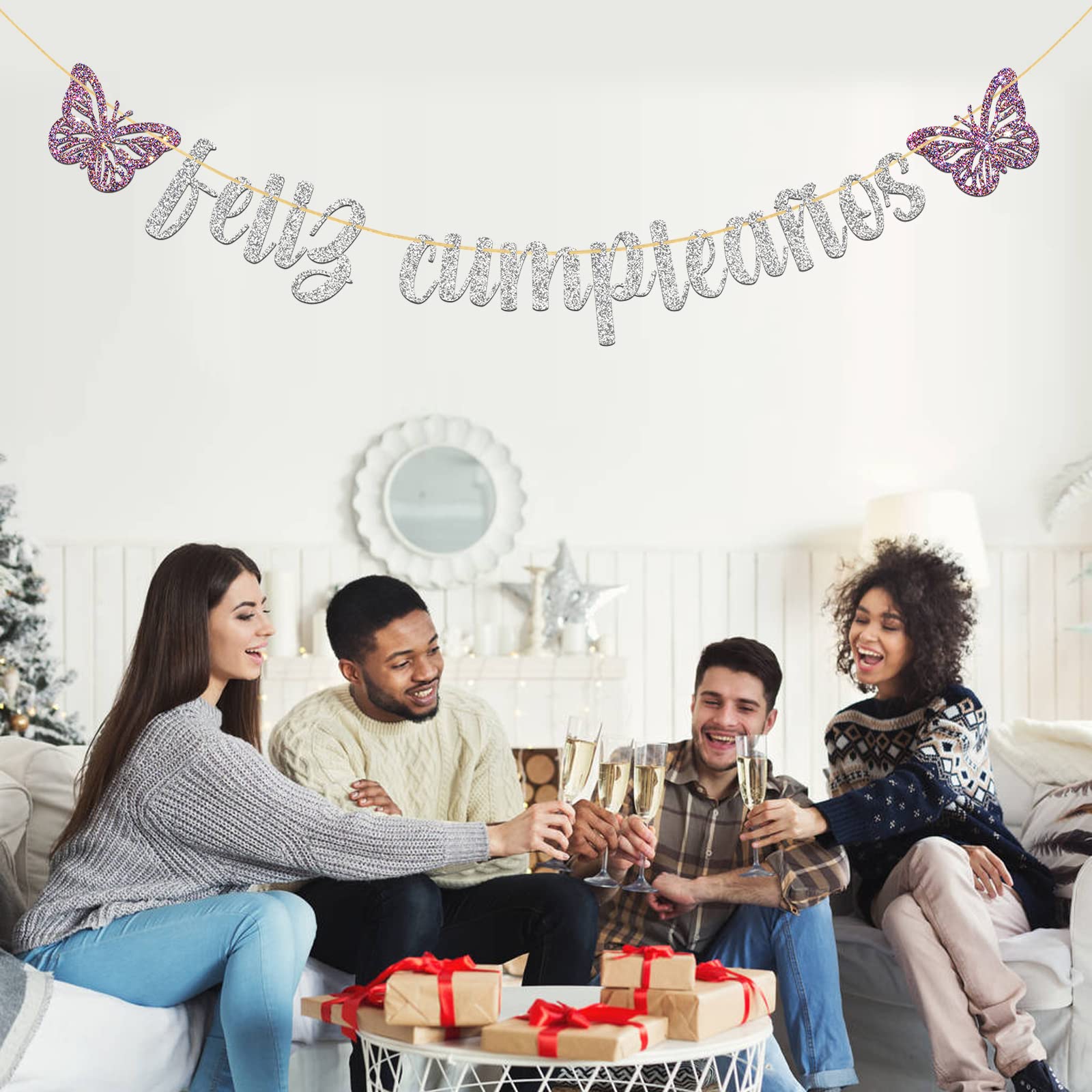 Happy Birthday Banner - Silver Glitter Butterfly Party Decorations for Spanish Themed Celebrations | Perfect for Birthday Parties, Baby Showers & Special Events