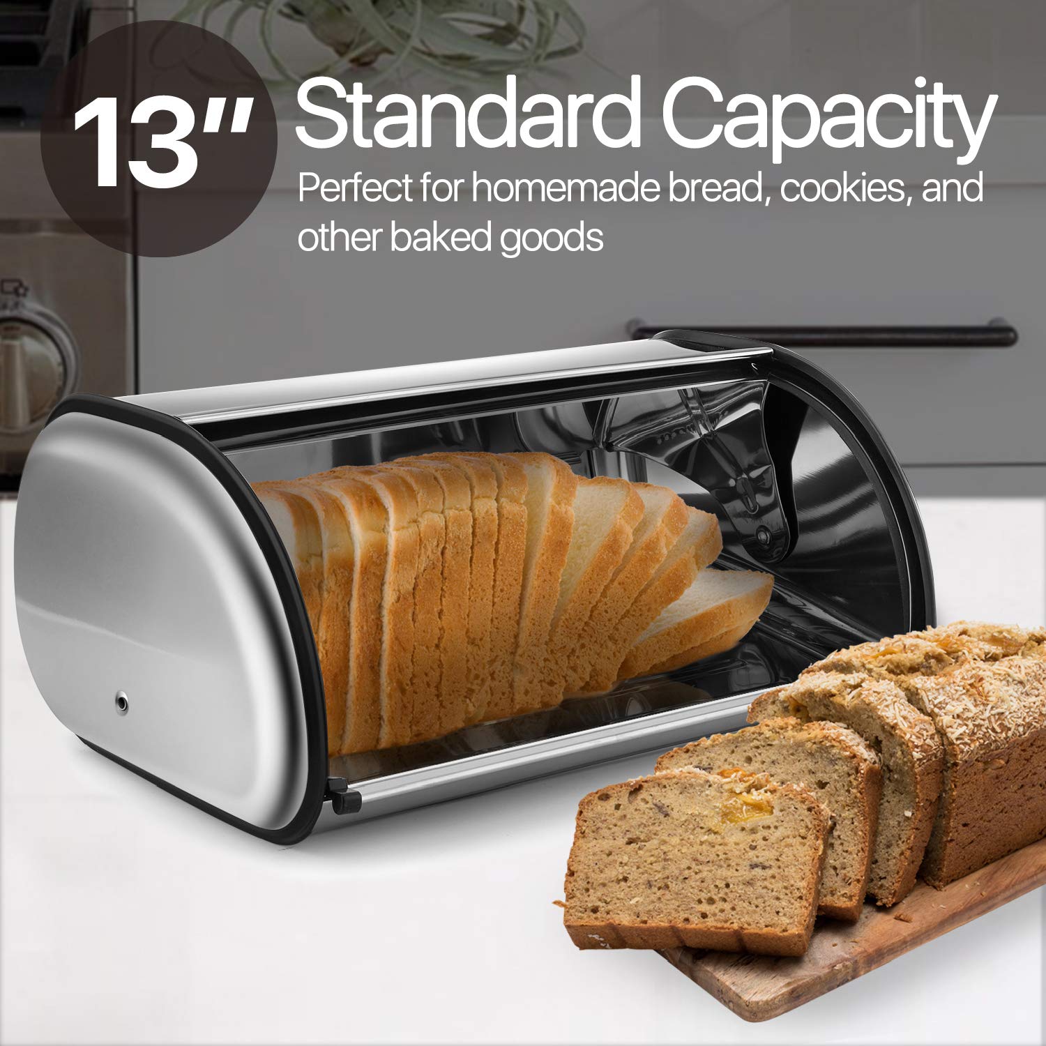 Stainless Steel Bread Box with Roll-Up Lid - 13 Inch Metal Bread Storage Container for Kitchen Countertop - Perfect for Cake, Buns, Toast, Loaves, Pastries & Pancakes - Ideal for Home Kitchen & Restaurant Use