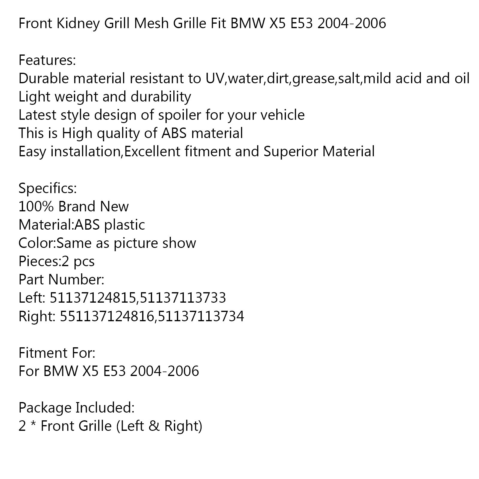 Gloss Black Front Bumper Kidney Grill Mesh Grille for BMW X5 E53 2004-2006 X Series | Replacement Car Accessory | Enhances Style & Protection for Off-Roading & City Driving