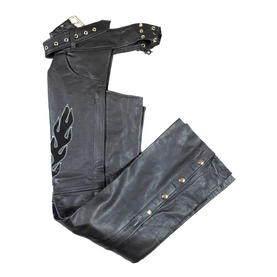 Premium Open Road Women's Flame Inlay Leather Chaps - Motorcycle Riding Gear for Harley Davidson & Cruiser Bikes - Perfect for Biker Ladies & Motorcycle Enthusiasts