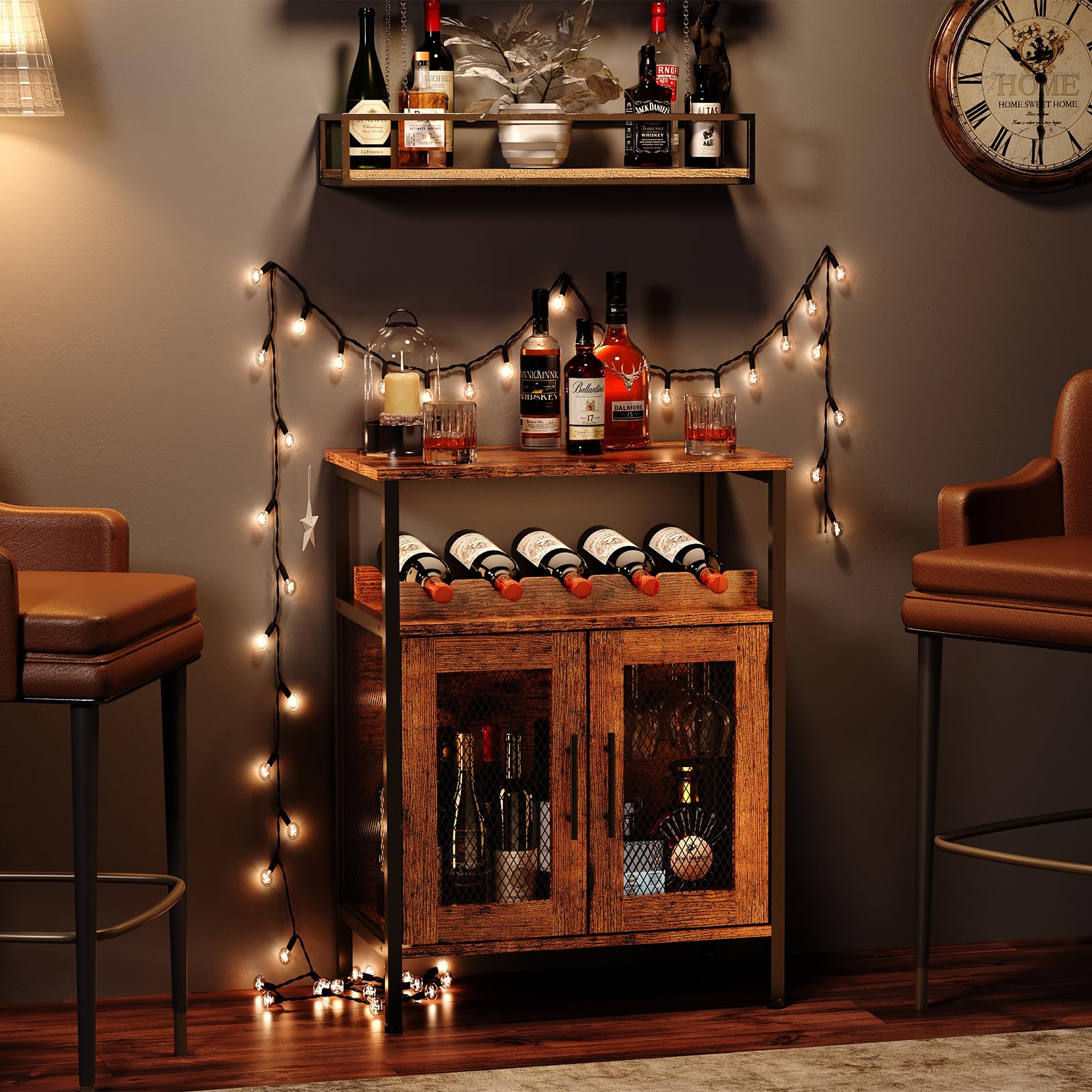 X-cosrack Rustic Brown Wine Bar Cabinet with Detachable Wine Rack & Glass Holder - Coffee Bar Sideboard Buffet Cabinet with Mesh Door - Perfect for Dining Room, Kitchen & Home Bar Storage (Patent Pending)