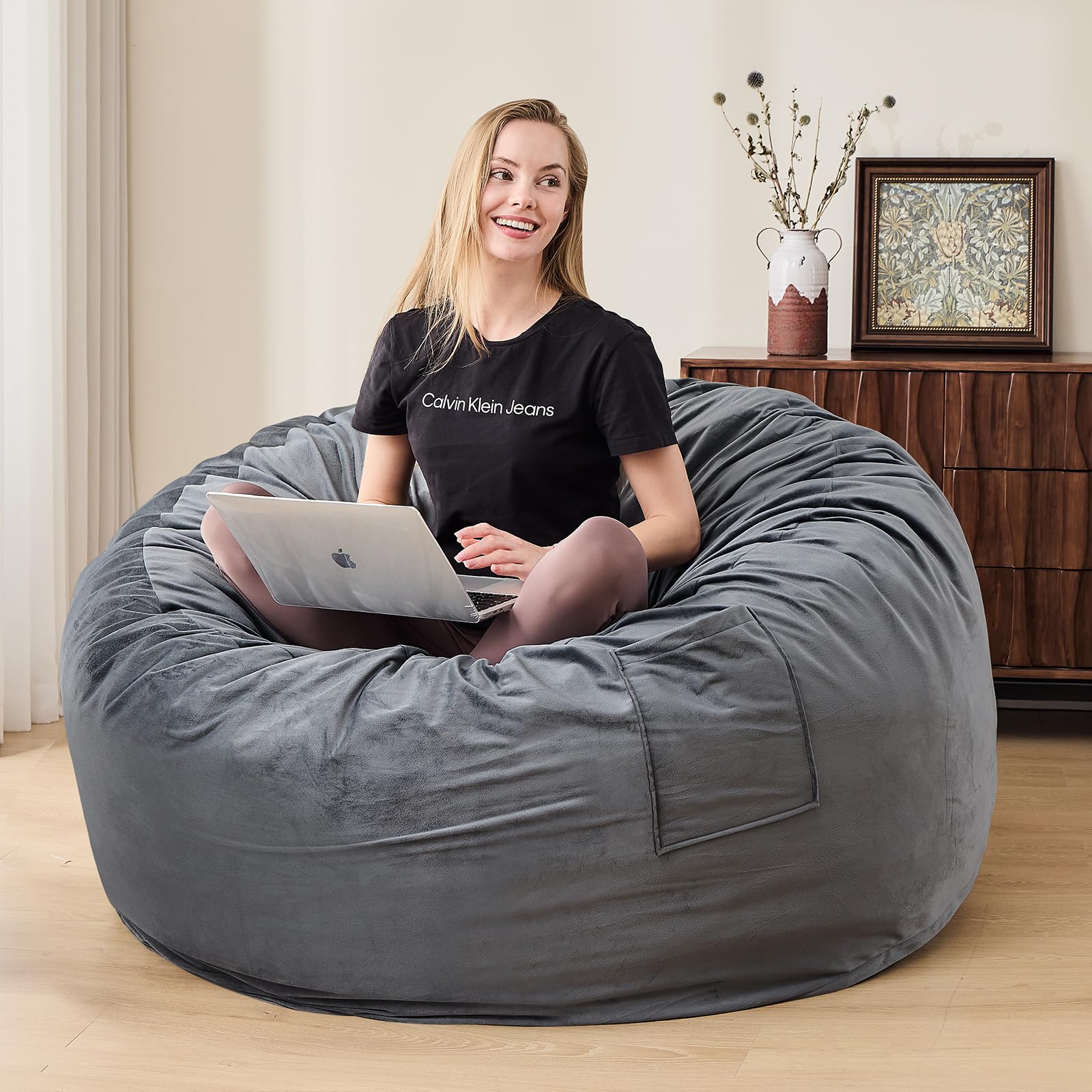 **Premium Bean Bag Chair for Adults - 4ft Round Fluffy Sofa with Soft Removable Cover - Charcoal Gray Lounge Chair for Living Room, Bedroom & Dorm - Perfect for Gaming, Reading & Relaxing | Comfortable & Stylish Home Decor**