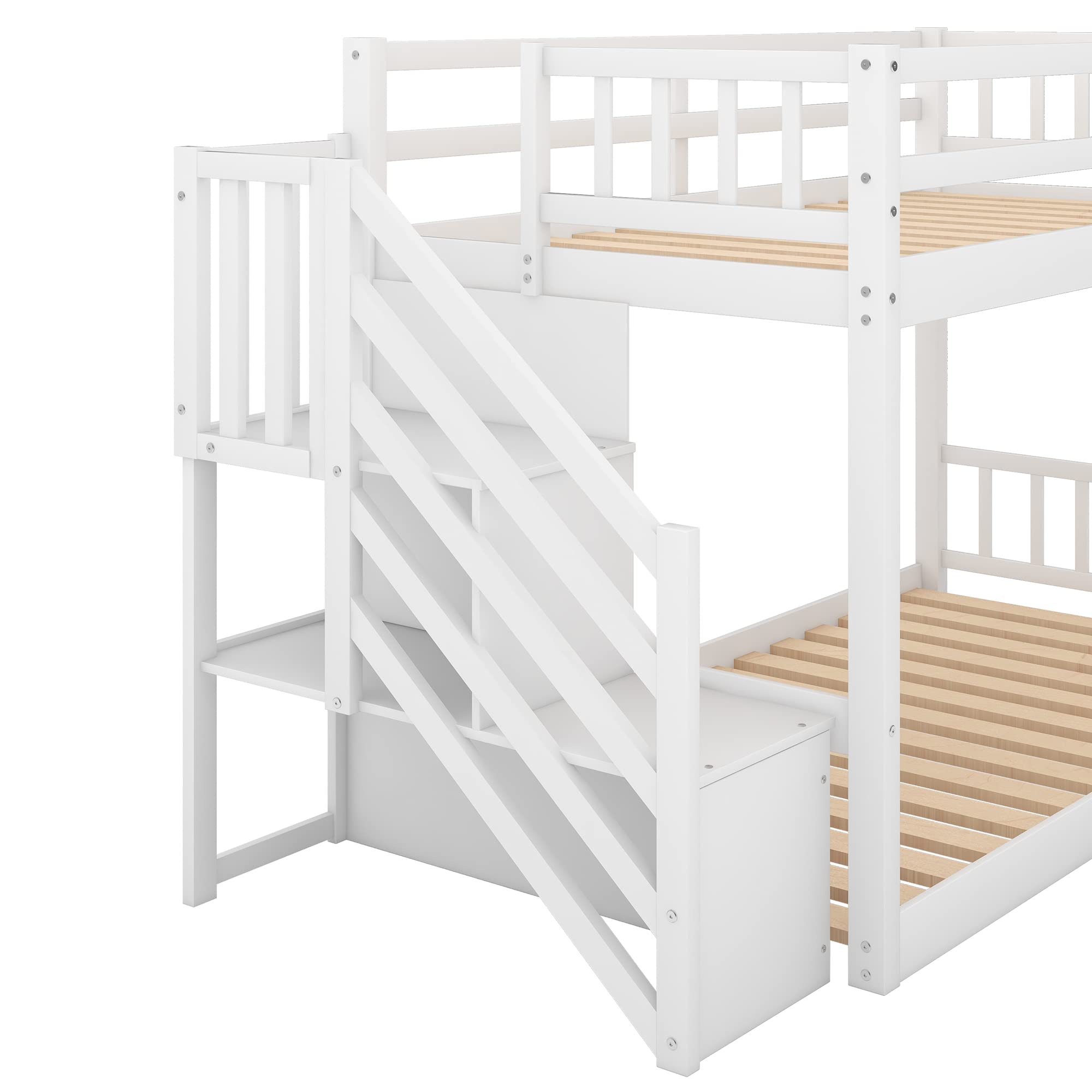 LZ LEISURE ZONE Twin Over Twin Solid Wood Bunk Bed Frame with Handrails & Wide Step Ladder - White Twin Size Floor Bunk Bed with Storage | Perfect for Kids' Bedroom, Guest Room & Space-Saving Small Apartments
