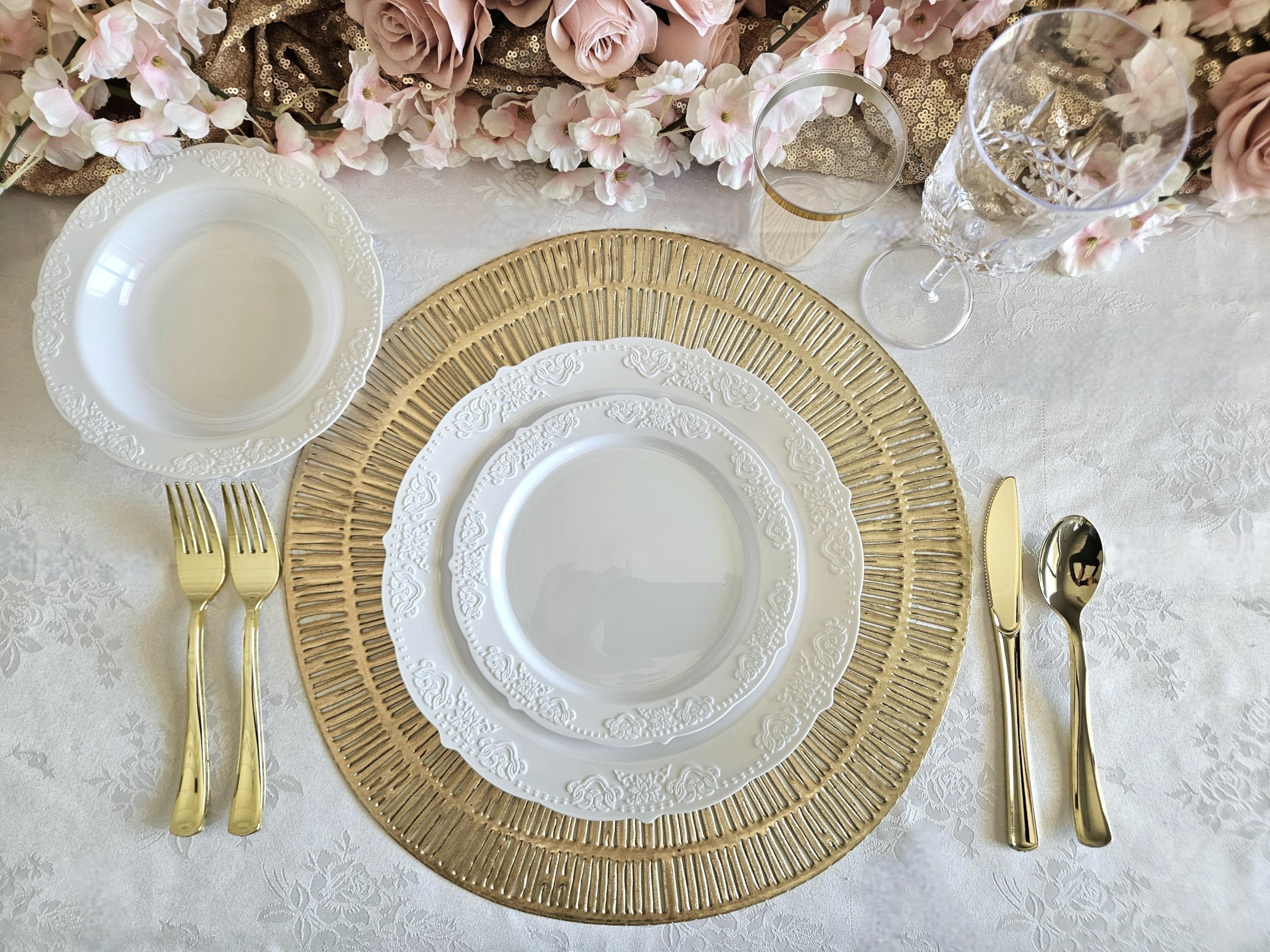 120-Pack Premium Pressed Vinyl Metallic Placemats - Elegant Cleo Gold Wedding Table Decor & Dining Centerpiece for Parties, Banquets, and Special Events