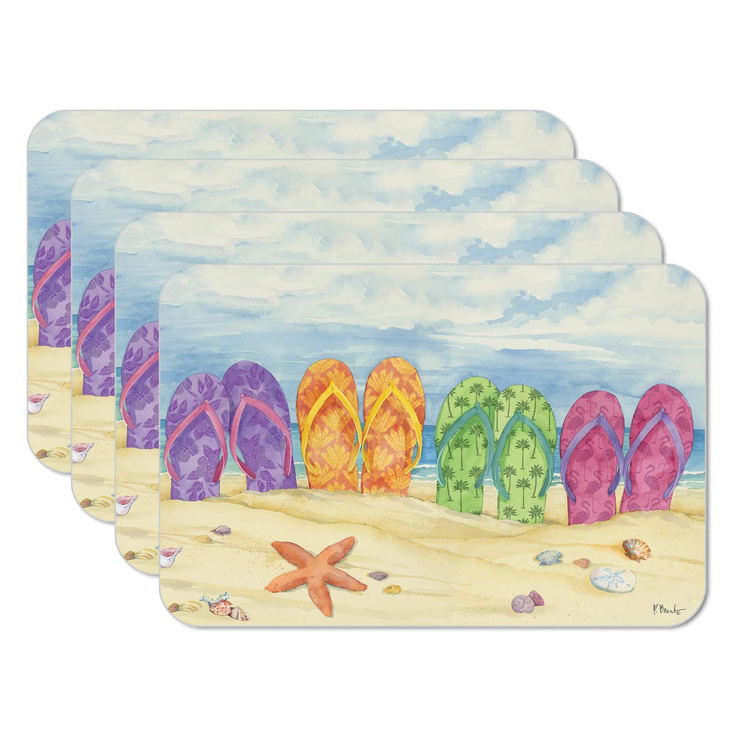 CounterArt Toes in The Sand 4 Pack Reversible Plastic Placemats - Durable, Easy-Clean & Flexible for Dining Table, Kitchen, Picnic & Outdoor Use