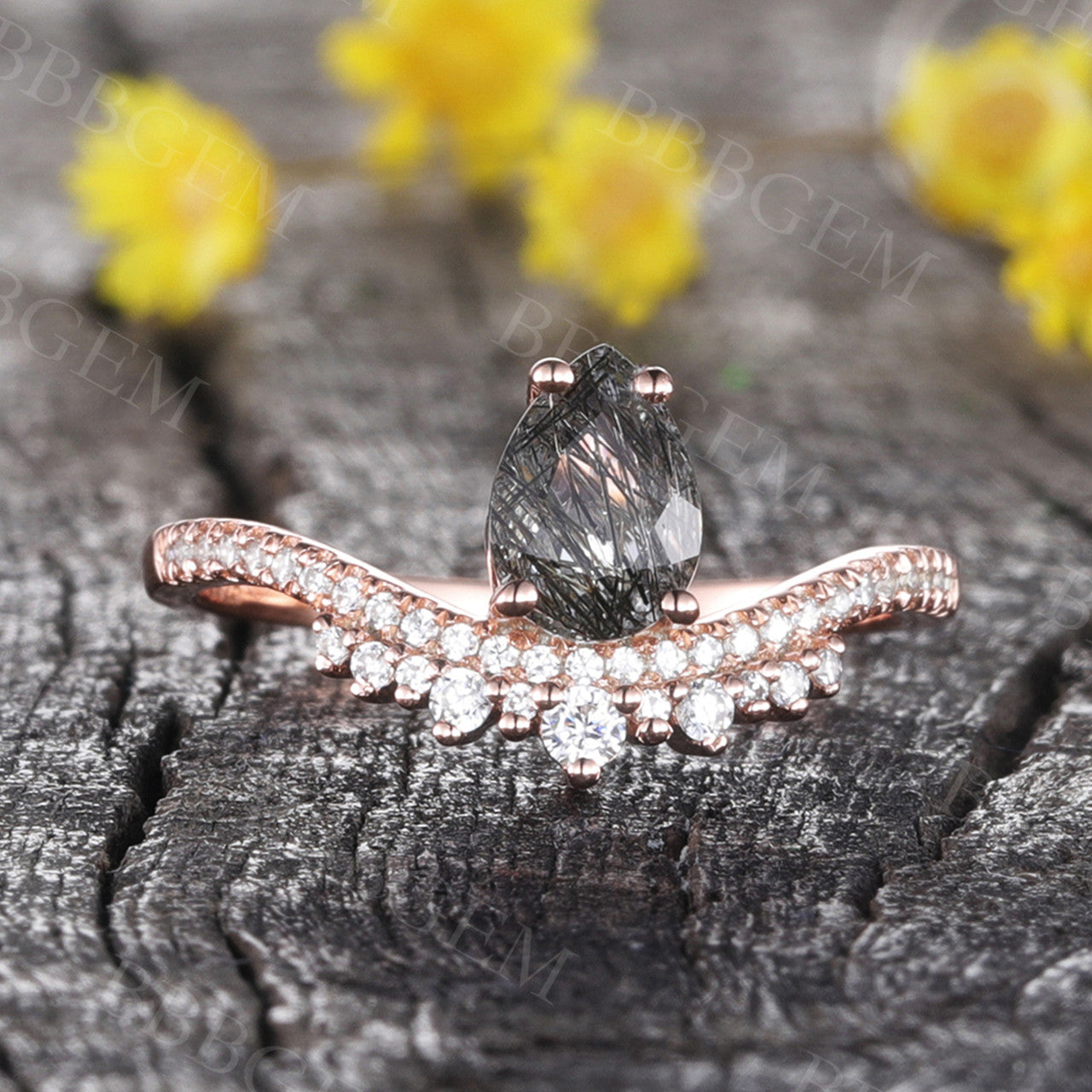 Art Deco Black Rutilated Quartz Pear-Shaped 7x5mm Engagement Ring - Vintage Inspired Wedding Band for Women, Perfect for Proposals, Anniversaries & Special Occasions