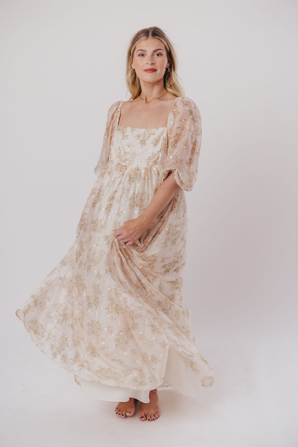 Elegant Cream Floral Smocked Maxi Dress for Women - Bump Friendly Maternity & Inclusive Sizing (S-3XL) | Perfect for Weddings, Beach Vacations & Summer Parties
