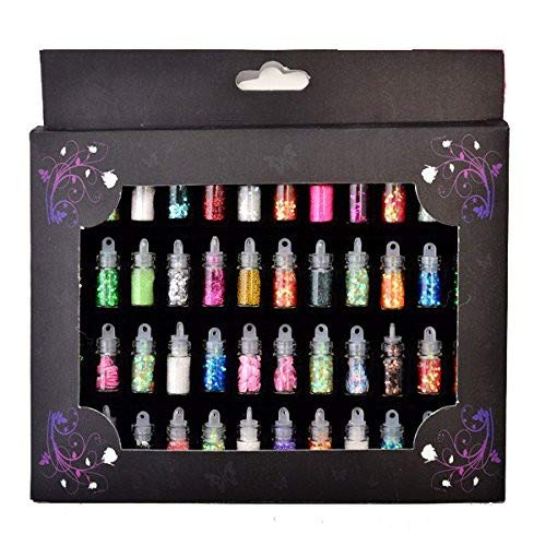 FOK 48 Bottles 3D Nail Art Set - Glass Nail Decorations, Glitter Powder & Rhinestone Sequins in Mixed Colors | DIY Manicure, Nail Salon, Party Nail Design
