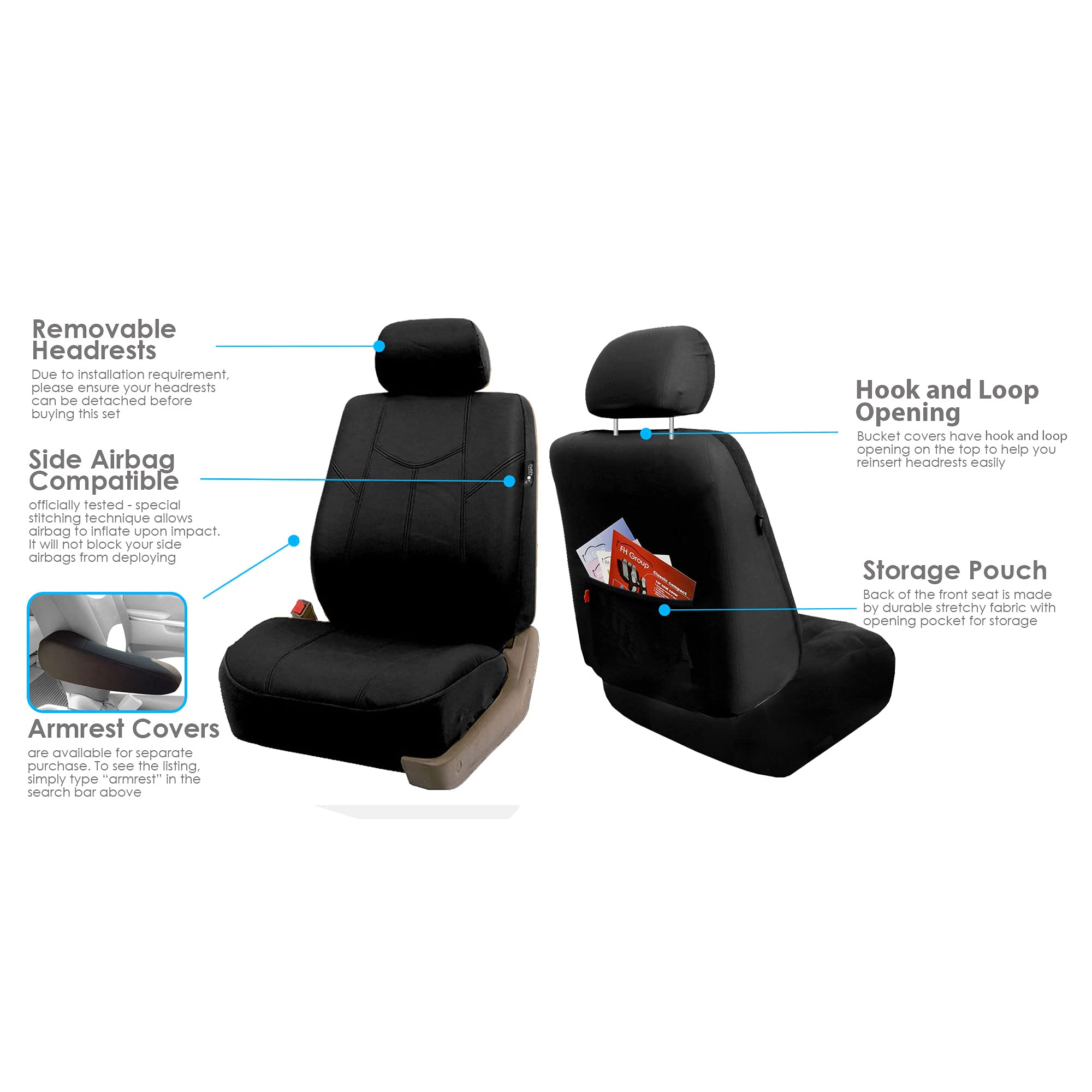 FH Group 2-Pack Black Rome Faux Leather Car Seat Covers - Universal Fit Waterproof Seat Protector for Cars, Trucks & SUVs | Perfect for Commuting, Road Trips & Pet Protection