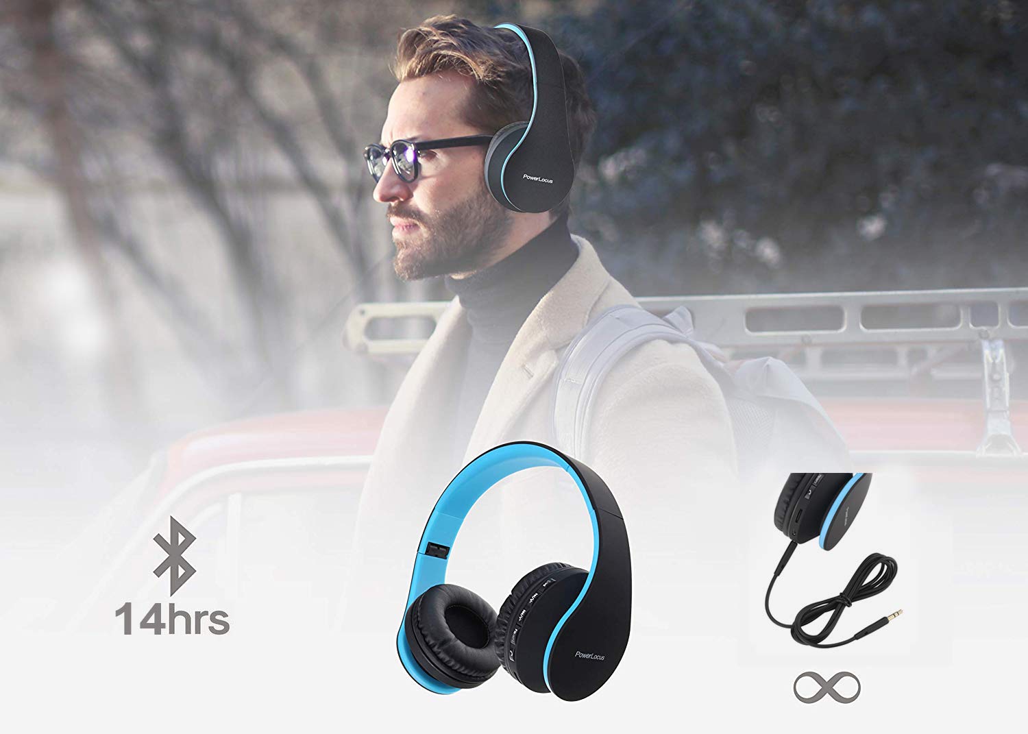 PowerLocus Rose Gold Wireless Bluetooth Headphones - Noise Cancelling Over-Ear Headset with Mic, Hi-Fi Stereo Sound for iPhone Android PC (Black/Blue) - Perfect for Travel, Workouts & Gaming