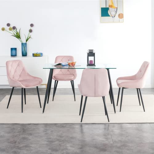 Modern Glass Dining Table Set with 4 Velvet Chairs - Rectangular Kitchen & Living Room Table with Black Legs (Pink) - Perfect for Small Spaces, Apartments, and Modern Home Decor
