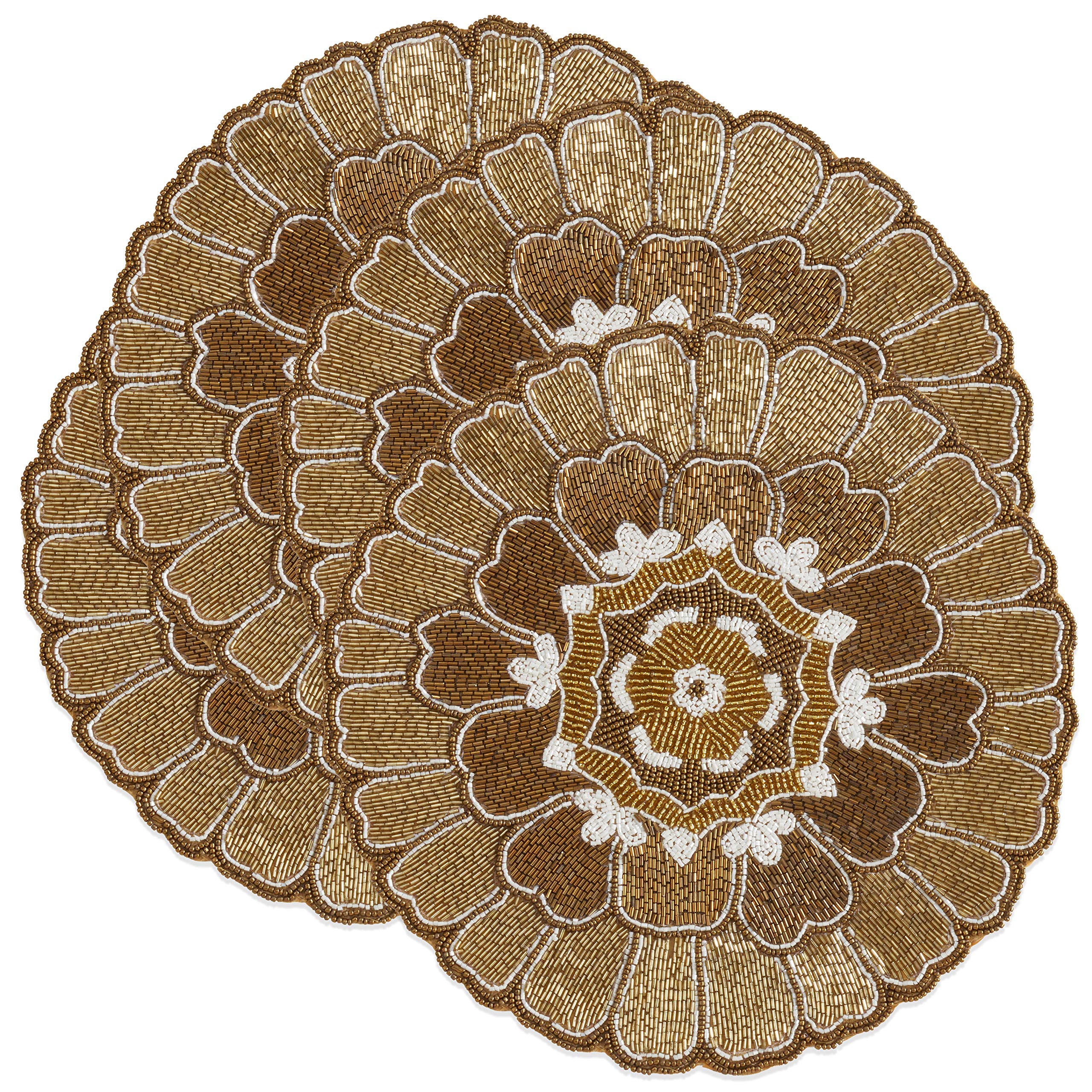 SARO LIFESTYLE Sophia Collection Floral Beaded Placemats Set of 4 - 14 Inch Round Gold Table Mats for Dining, Wedding, Party Decor & Home Table Setting