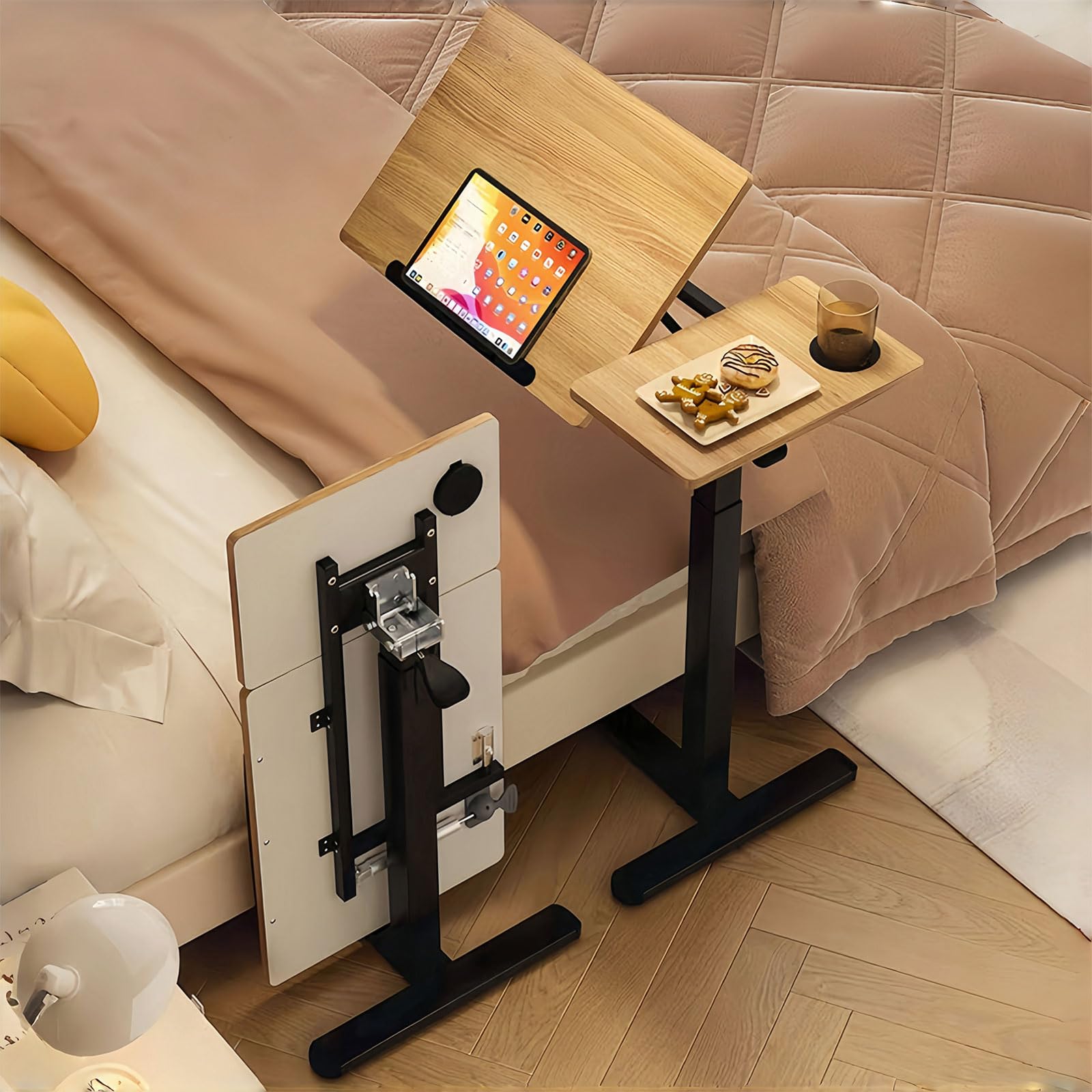 Adjustable Overbed Table with Pneumatic Height & Tilting Desktop - Rolling Laptop Standing Desk for Home & Hospital Use, Folding Design with Hidden Wheels & Cup Holder - Perfect for Bedside Work, Eating, Reading & Nursing Care
