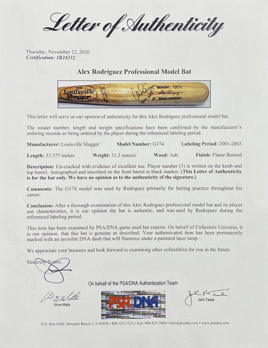 Alex Rodriguez Signed Texas Rangers Game Used Louisville Slugger Bat - PSA Certified Authentic - Perfect for Baseball Memorabilia Collectors & Sports Fans Display