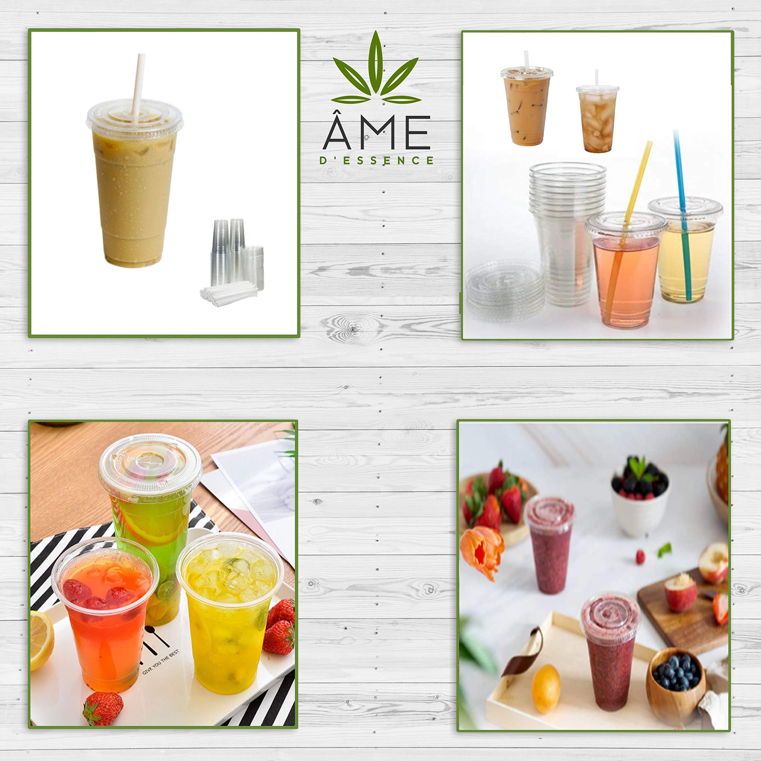 100-Pack AME D'ESSENCE 24oz Disposable Clear Plastic Cups with Flat Lids & Bonus Straws - Ideal for Iced Coffee, Parties, and Beverage Service (50 Cups + 50 Lids)