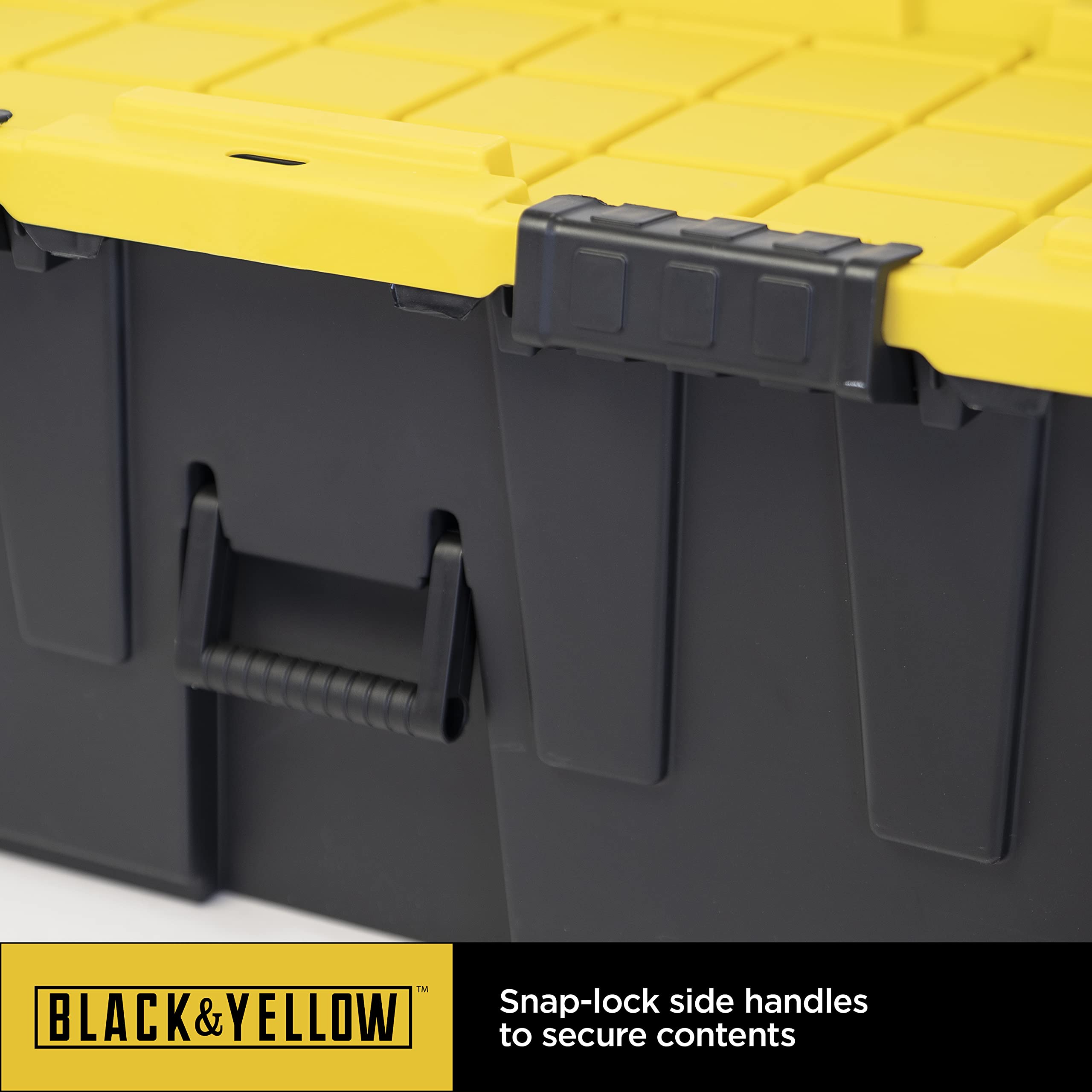 CX BLACK & YELLOW® 20-Gallon Heavy Duty Storage Footlocker with Snap-Tight Lid - 13.4”H x 18.2”W x 32.3”D Weatherproof Stackable Tote Bin - Ideal for Garage Organization, Camping Gear Storage & Military Footlocker Use [4-Pack]