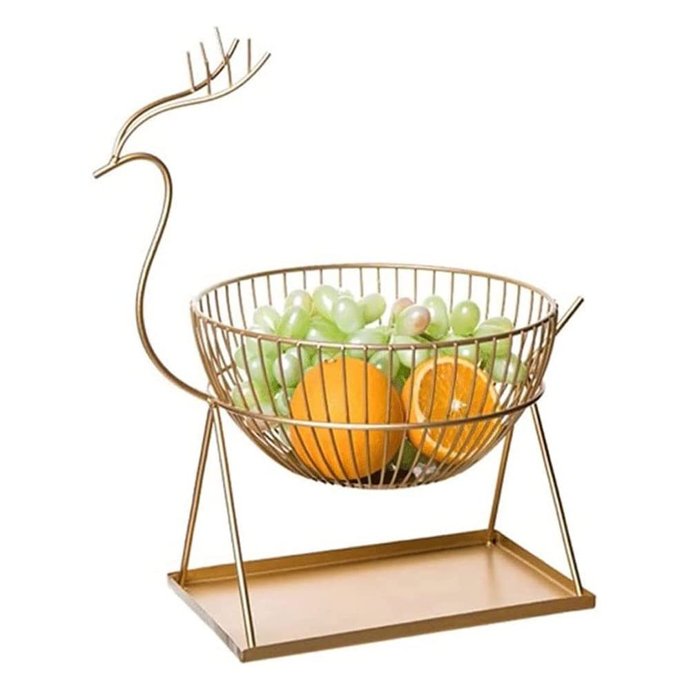 WLABS Elegant Gold Metal Deer Figurine Fruit Basket - Wire Mesh Countertop Bowl for Kitchen, Dining Table & Party Decor - Stylish Fruit & Vegetable Holder for Home Organization (Gold)