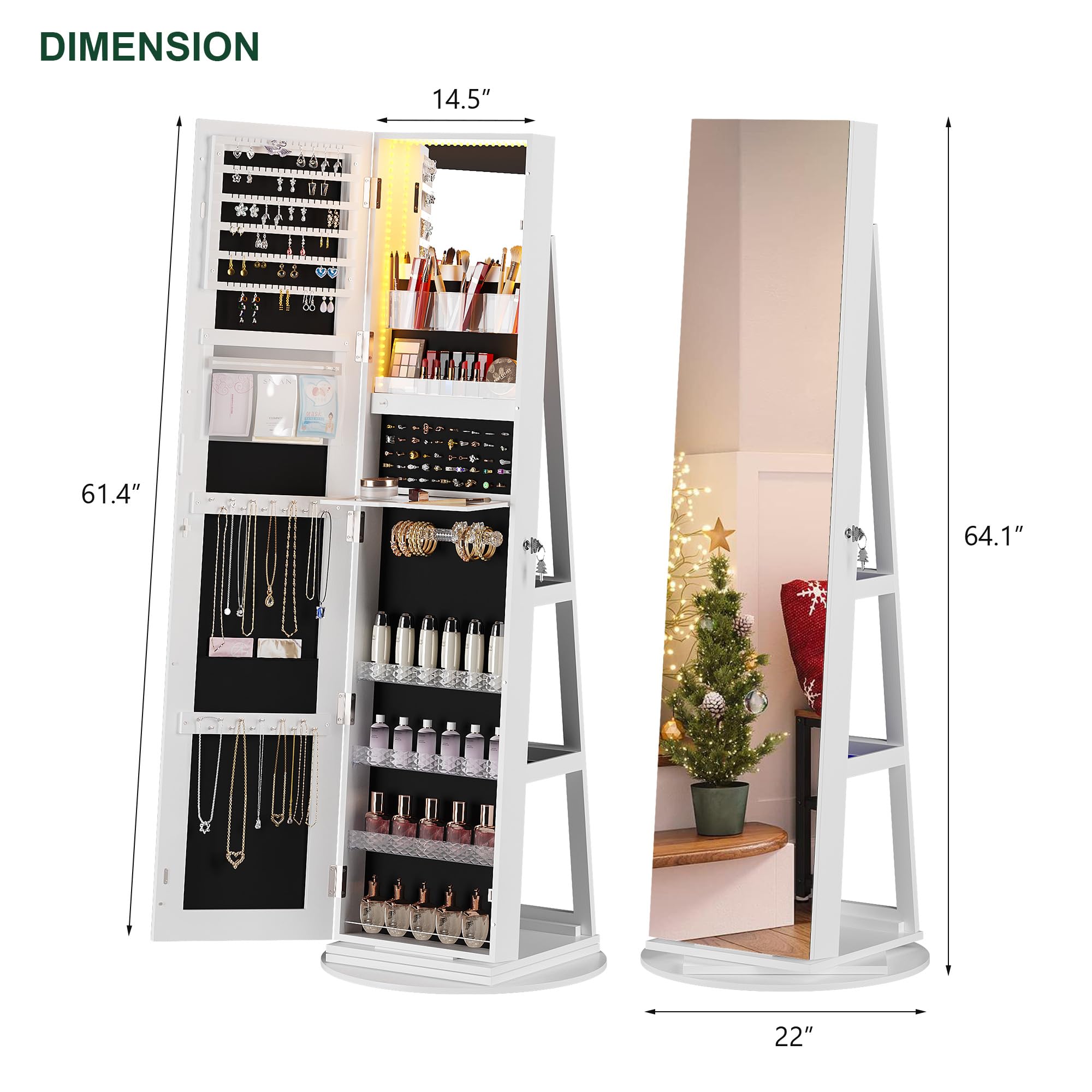 360° Rotating Jewelry Cabinet with LED Lights - 63