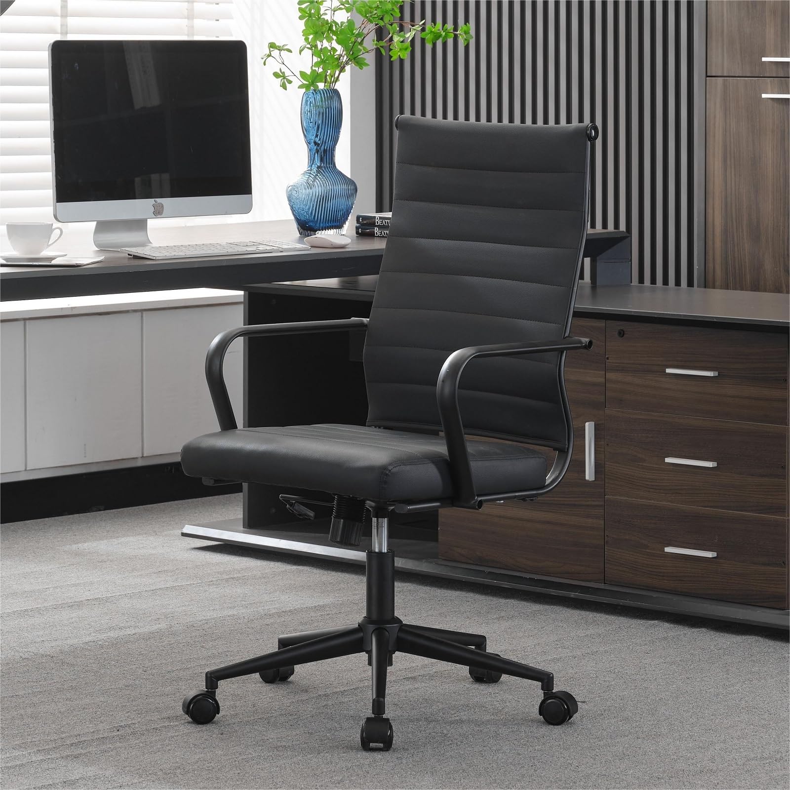 Ergonomic Office Desk Chair with Wheels - High Back Executive Swivel Rolling Chair, PU Leather Modern Ribbed Design for Home & Office Conference - Perfect for Long Work Hours, Video Calls, and Professional Workspaces