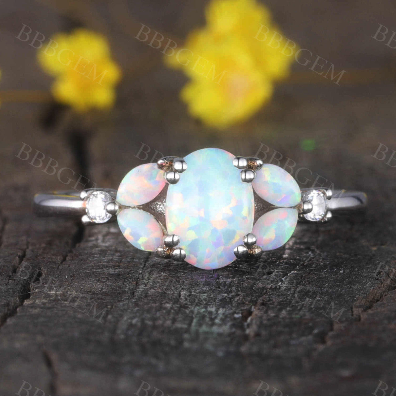 Floral Opal Engagement Ring in White Gold - Oval & Marquise Cut Promise Ring for Women | Perfect for Proposals, Anniversaries & Special Occasions